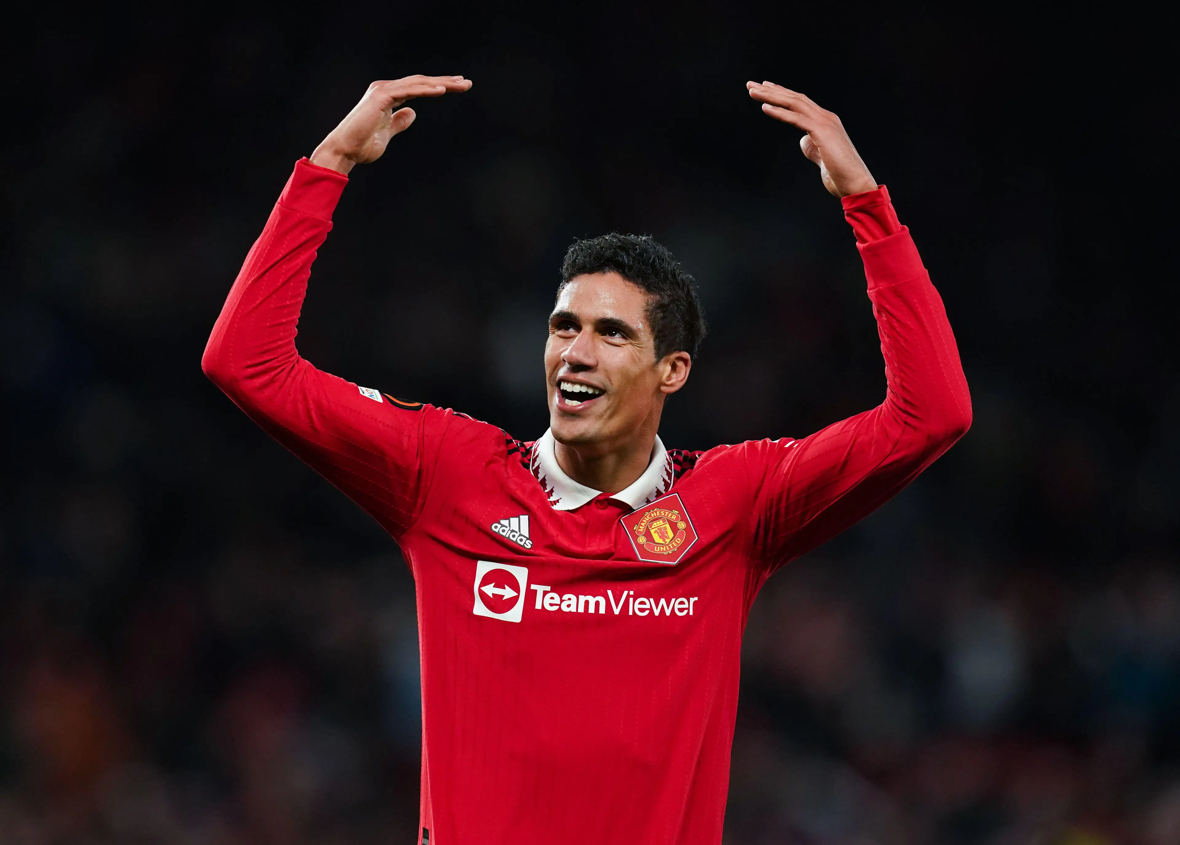 Raphael Varane celebrates Man United's win over Barcelona. Image: Alamy 