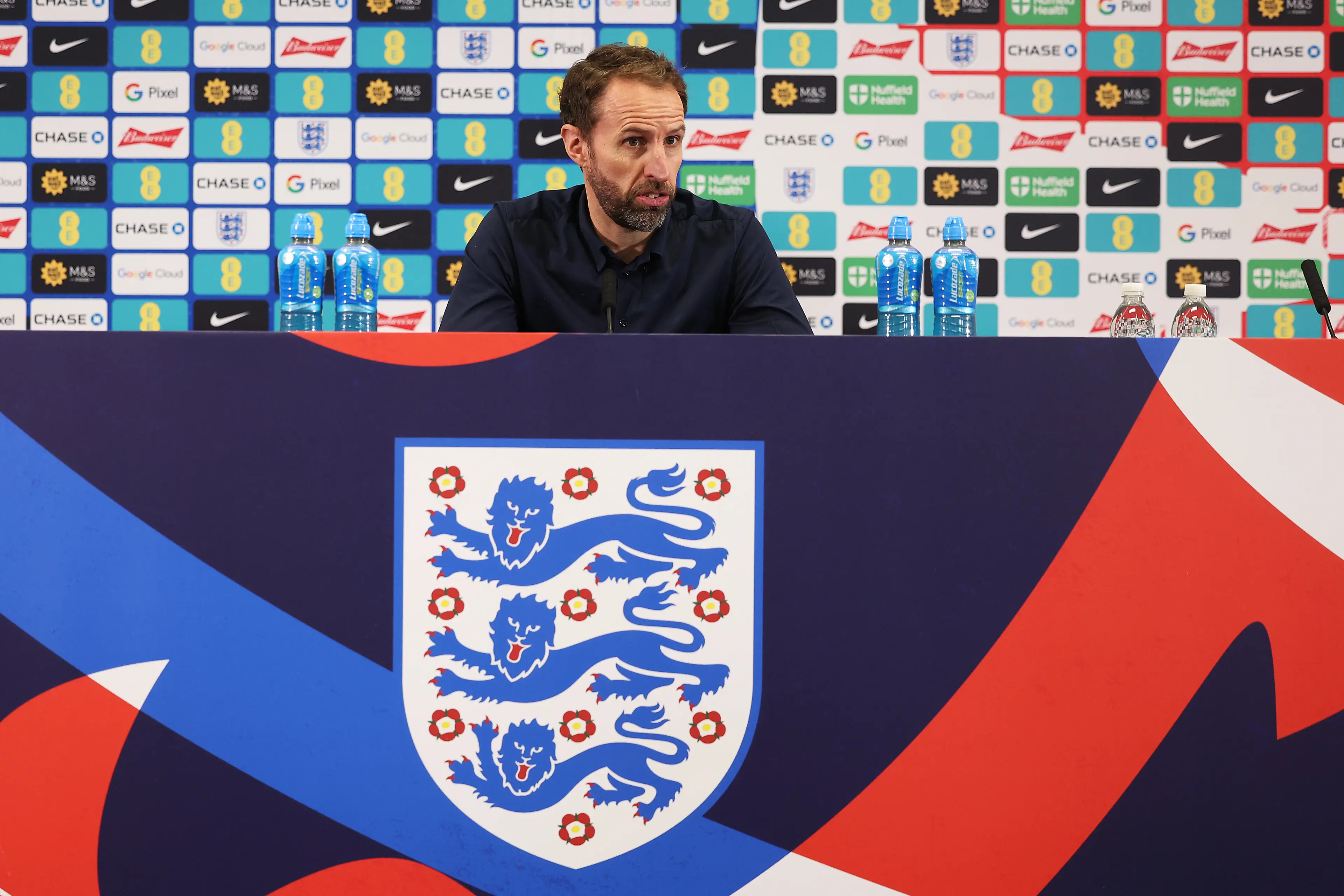 Gareth Southgate speaks at a England press conference. Image: Getty