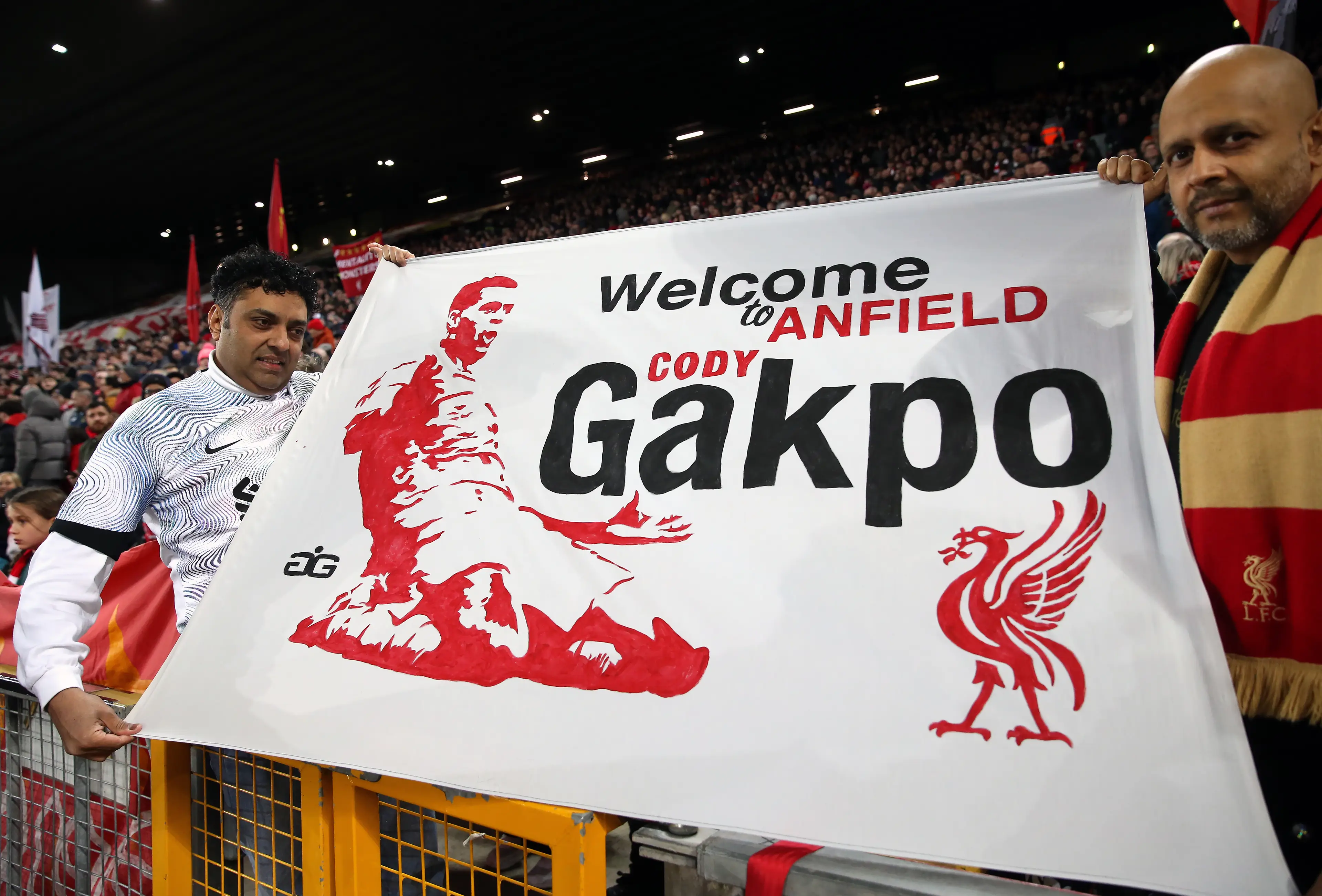 A banner for Gakpo inside Anfield. (Image