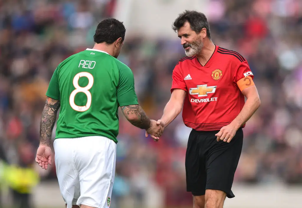 Roy Keane represented United in the Liam Miller Memorial match between Manchester United Legends and Republic of Ireland & Celtic Legends. (David Fitzgerald/Sportsfile via Getty Images)
