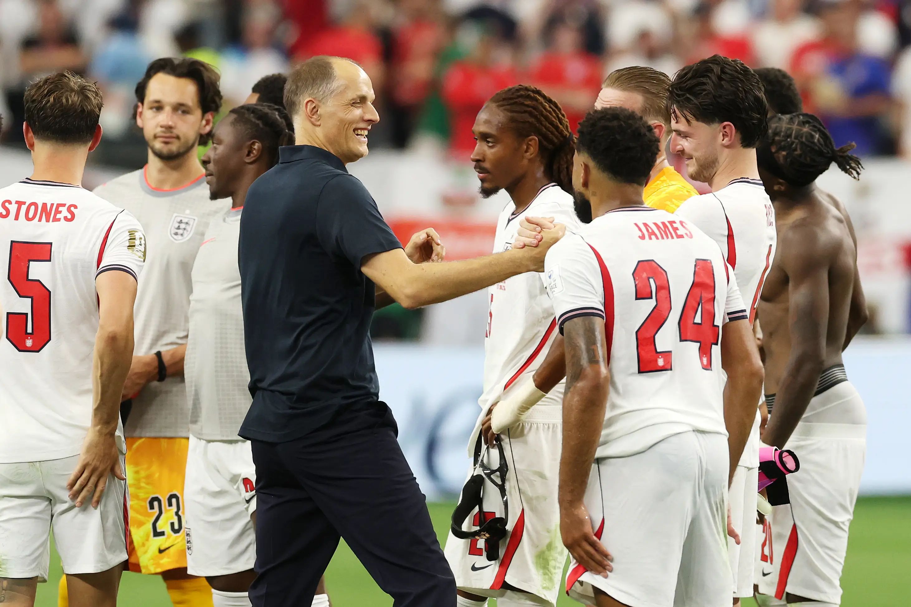 England head coach Thomas Tuchel celebrates with his team after their 4-2 win over Croatia. Image credit: Getty