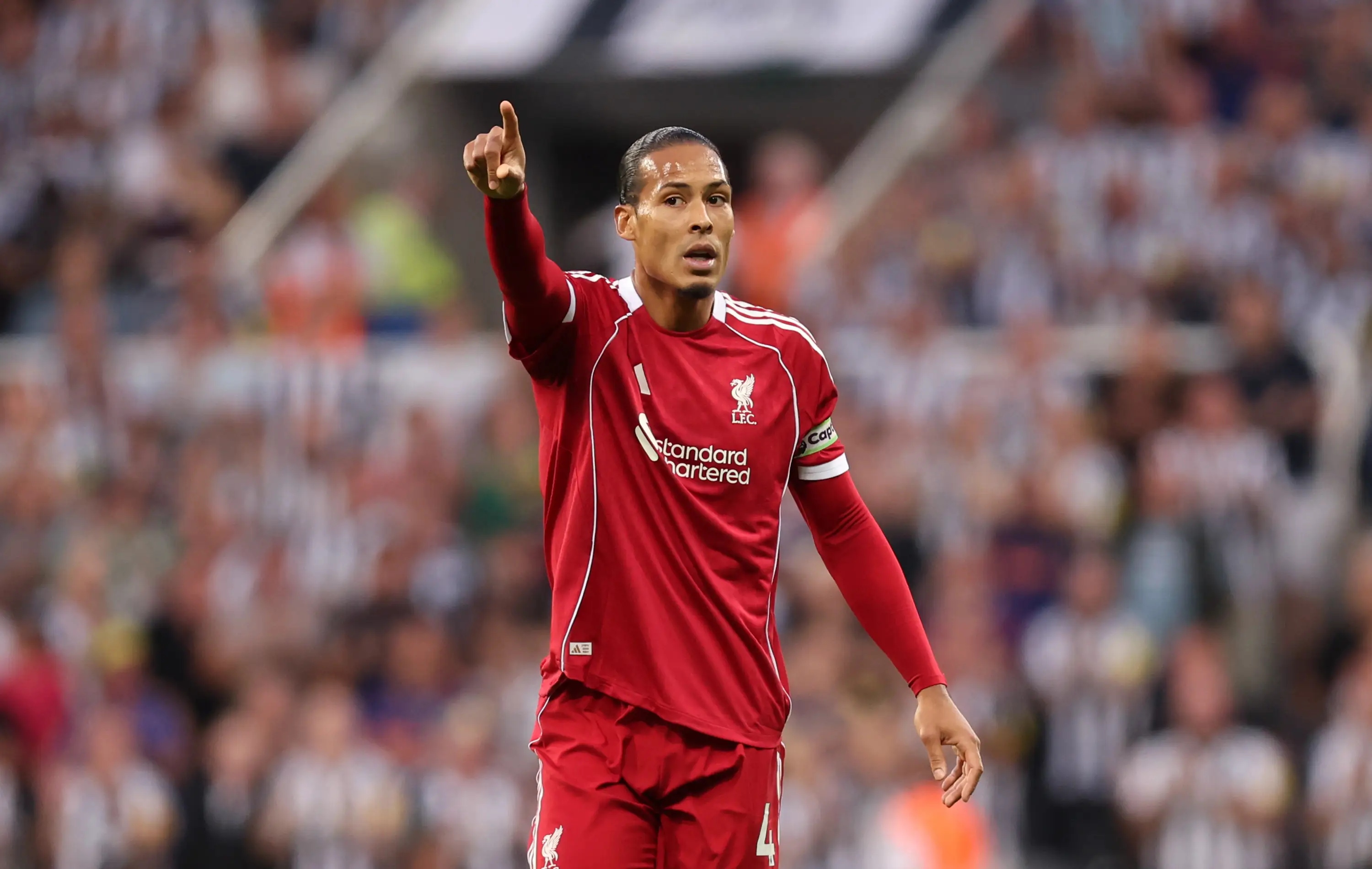 Virgil van Dijk of Liverpool reacts during the Premier League match between Newcastle United and Liverpool.