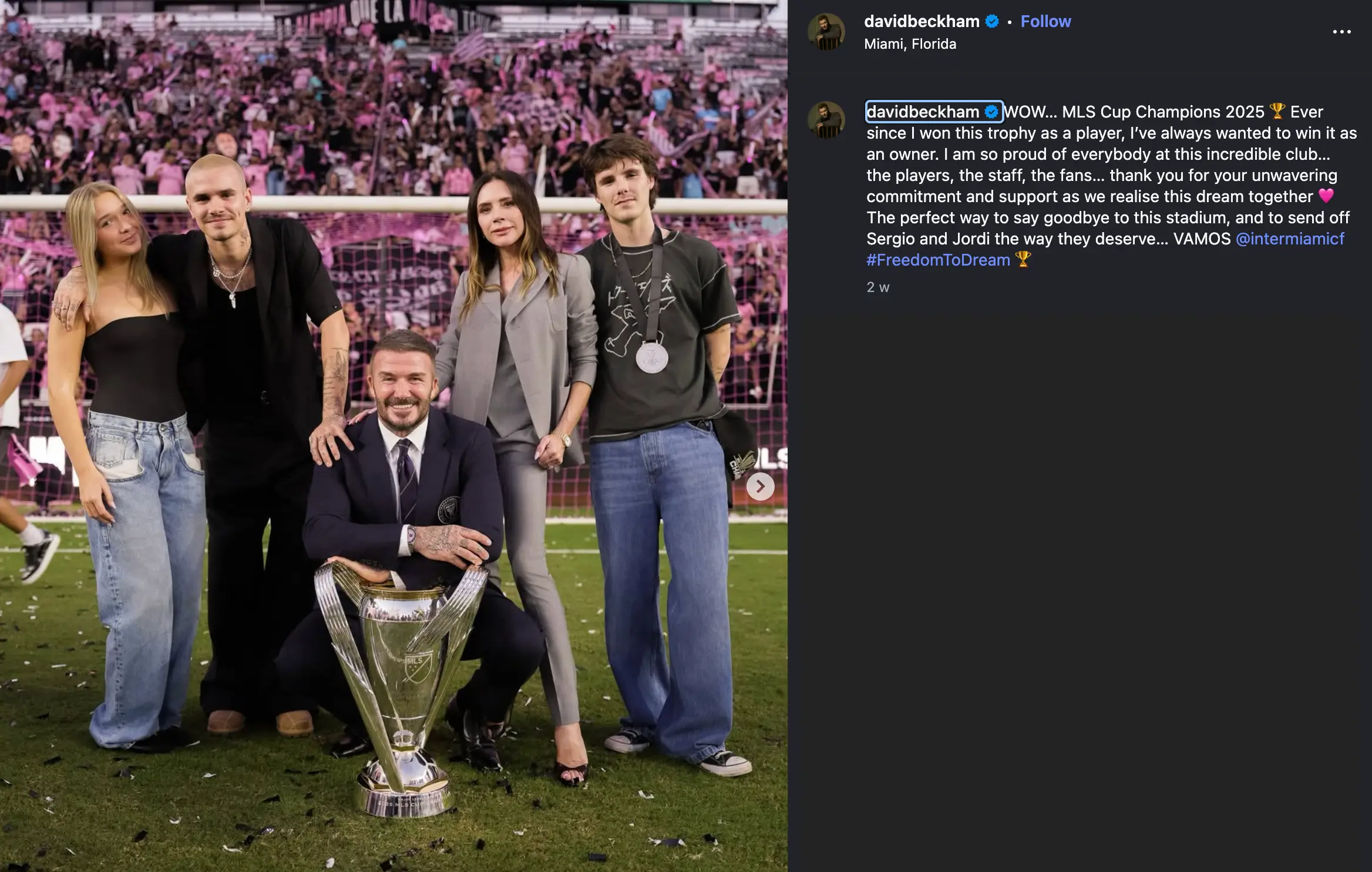 David Beckham pictured with daughter Harper, sons Romeo and Cruz and wife Victoria after Inter Miami won the MLS Cup (Image: Instagram/@davidbeckham)