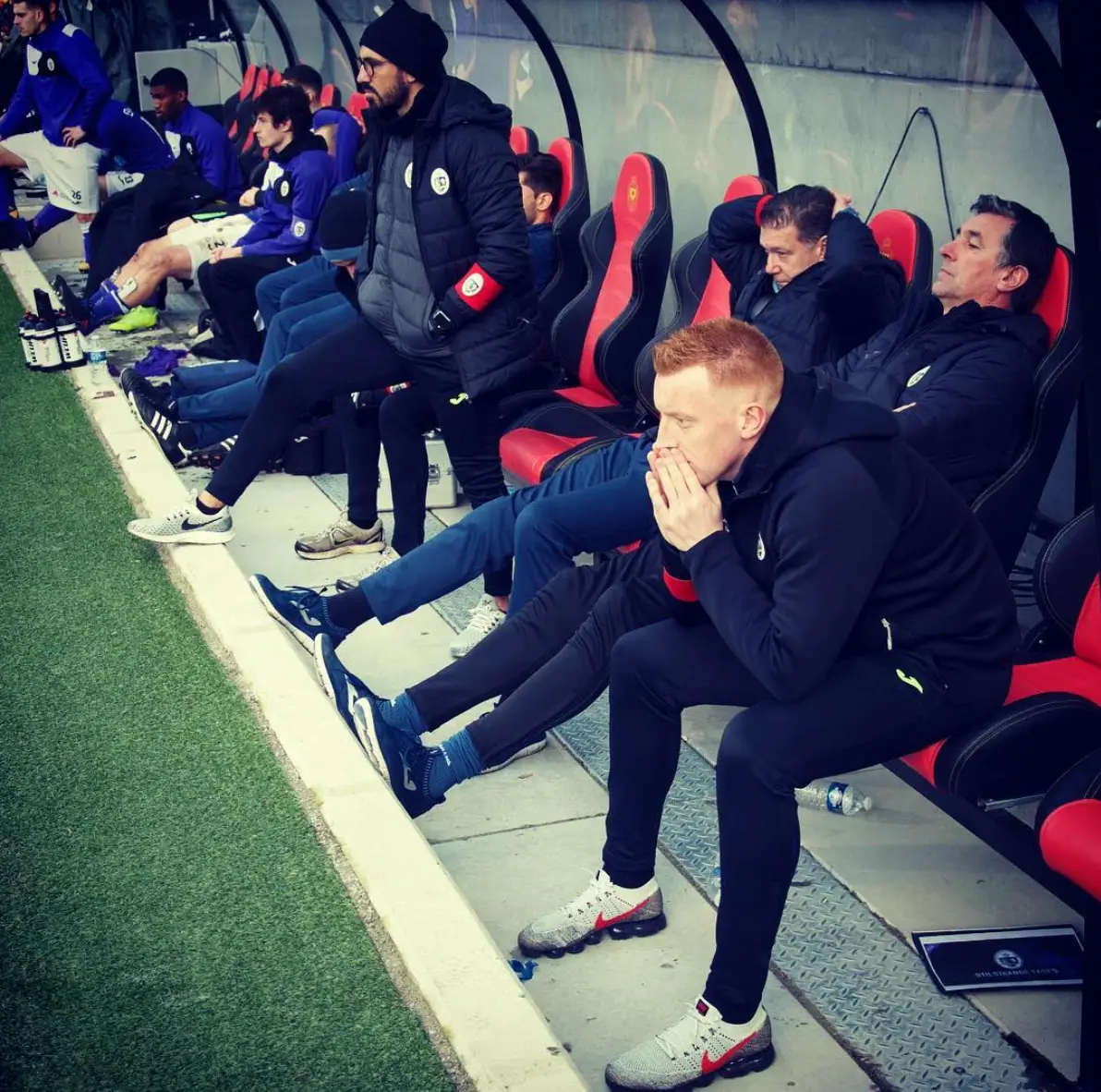 Still watching a game unfold in the dugout. Image credit: Instagram