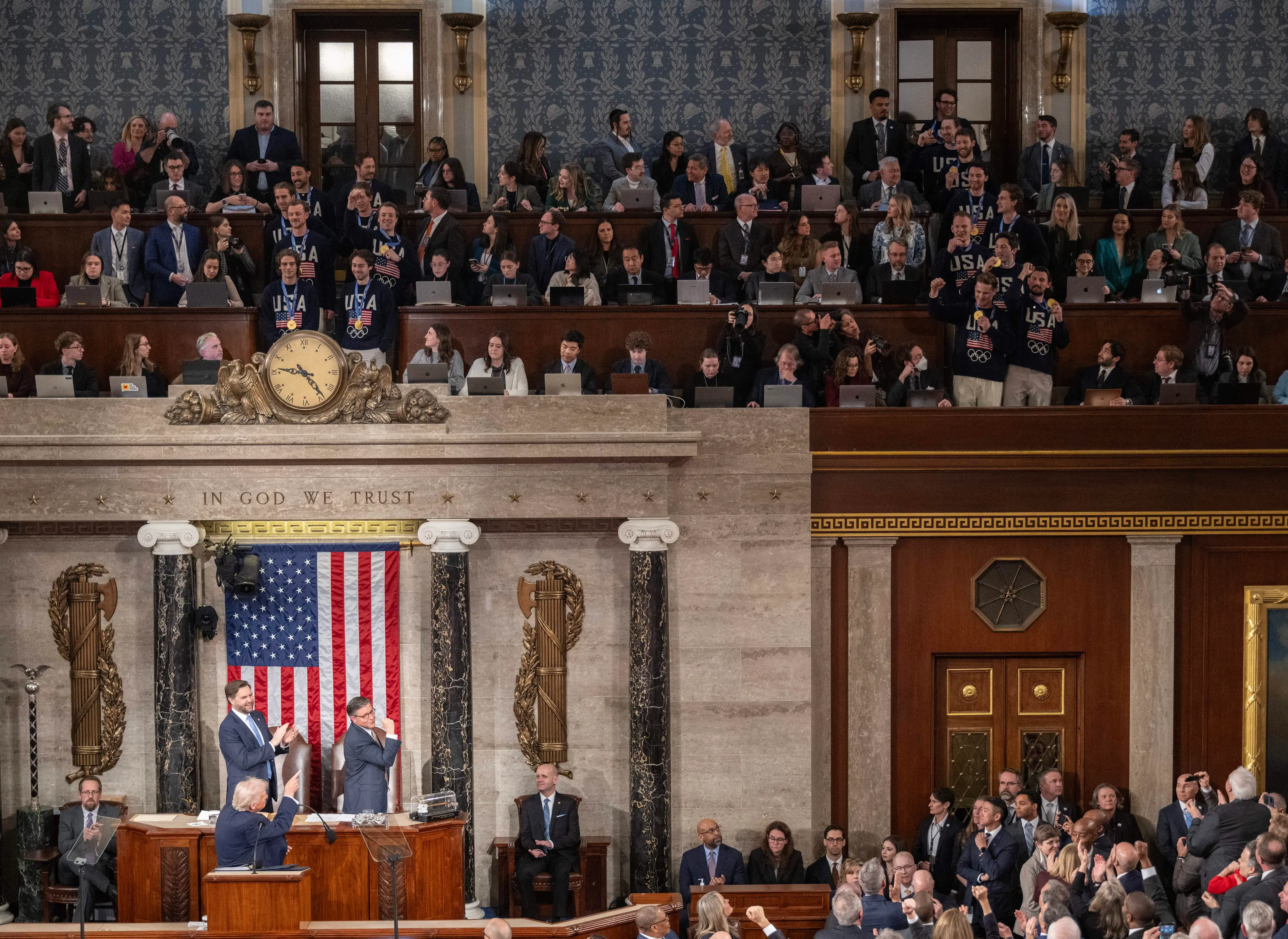 The US men's Olympic hockey team are recognised by Donald Trump during his State of the Union address in the House Chamber of the US Capitol. Image: Getty