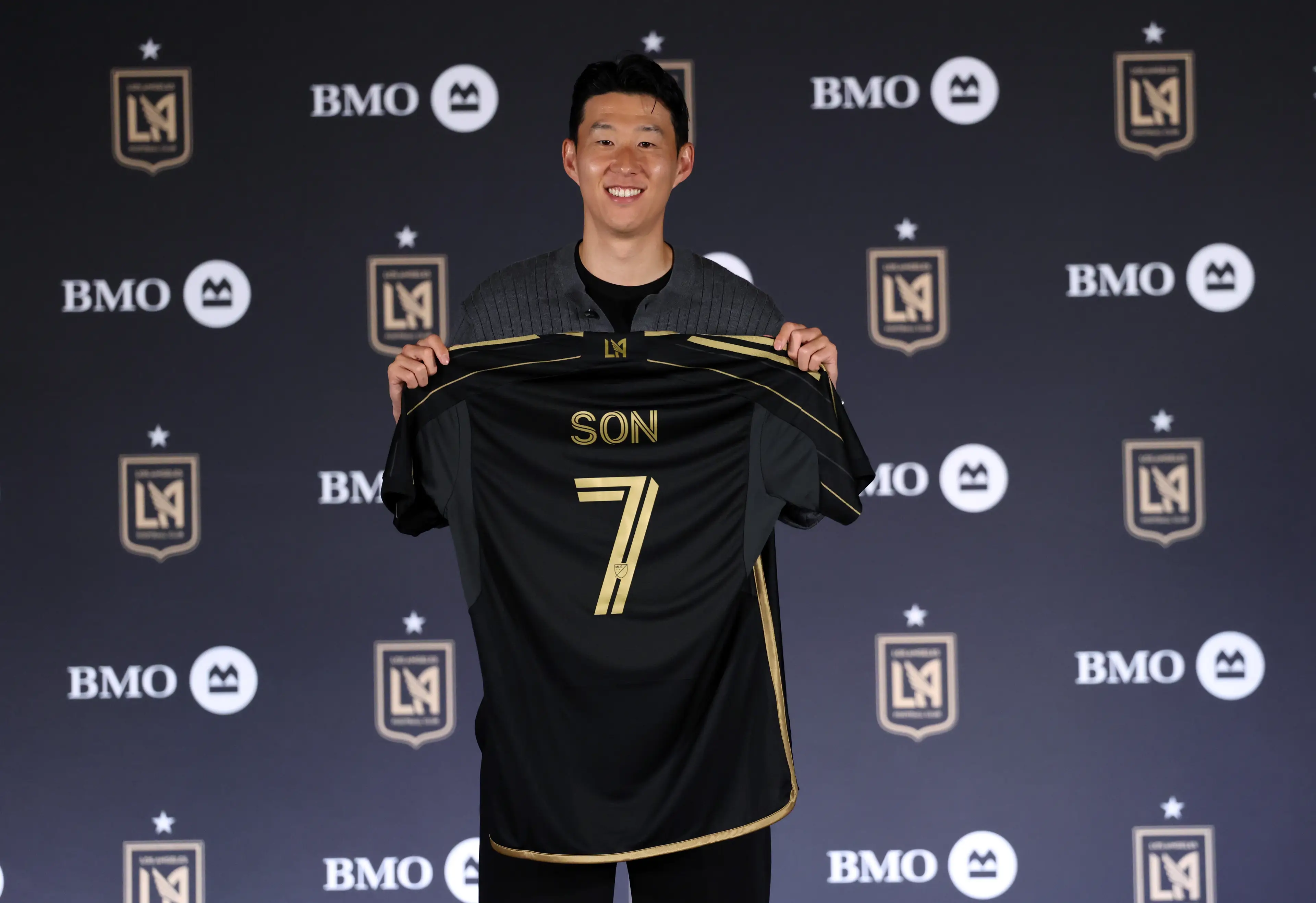 Son pictured at his LAFC presentation. Image credit: Getty