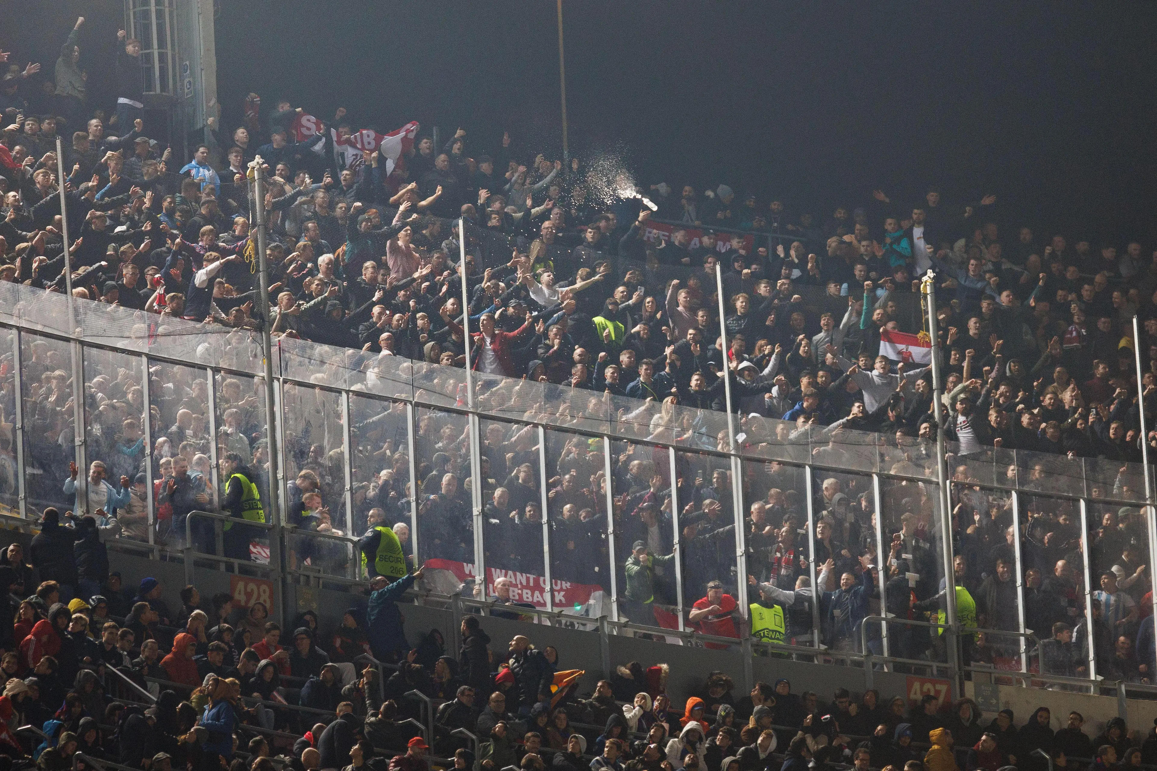 Manchester United supporters inside the Camp Nou. Image: Alamy 
