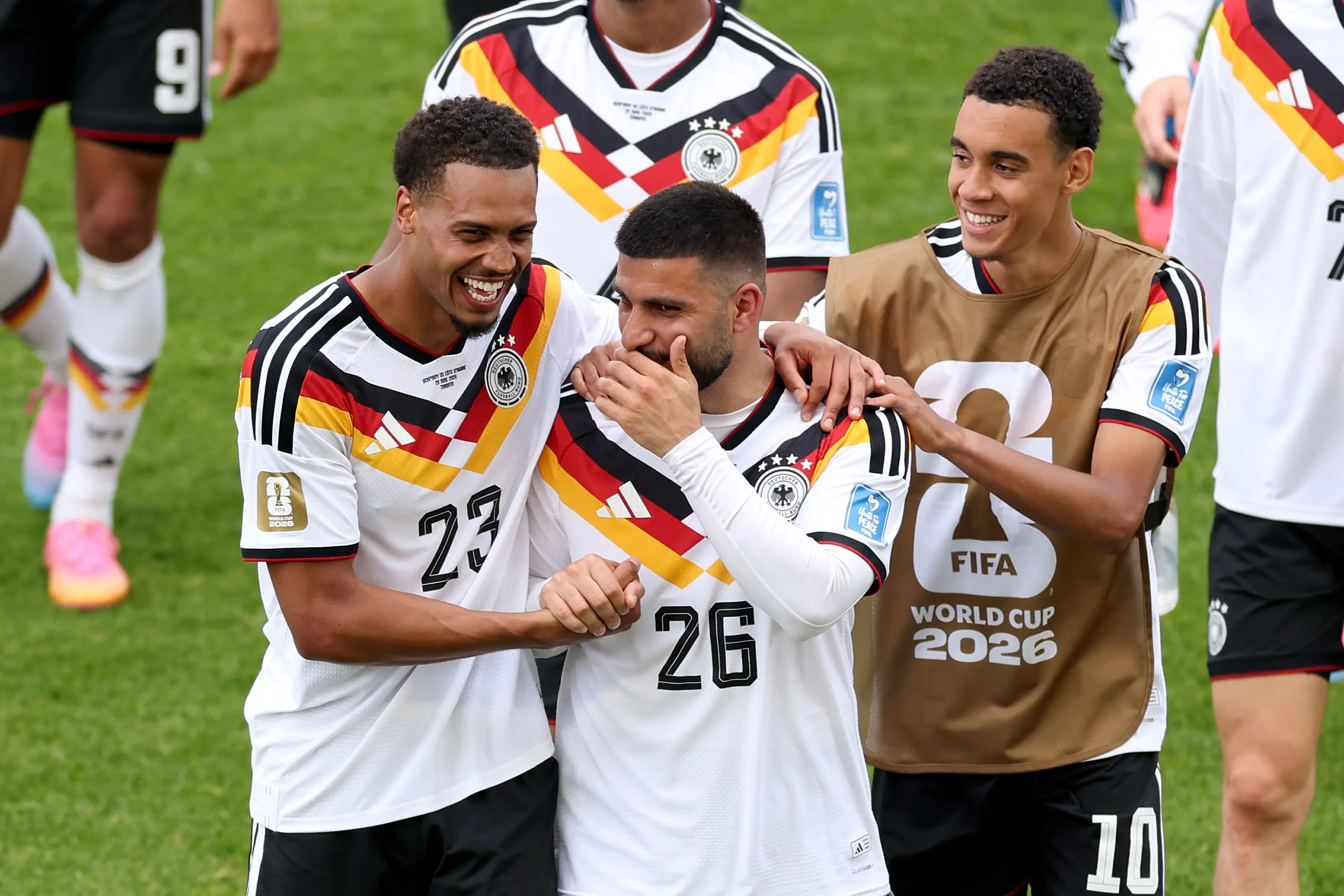 Felix Nmecha, Deniz Undav and Jamal Musiala celebrate Germany's 2-1 win over Ivory Coast. Image credit: Getty