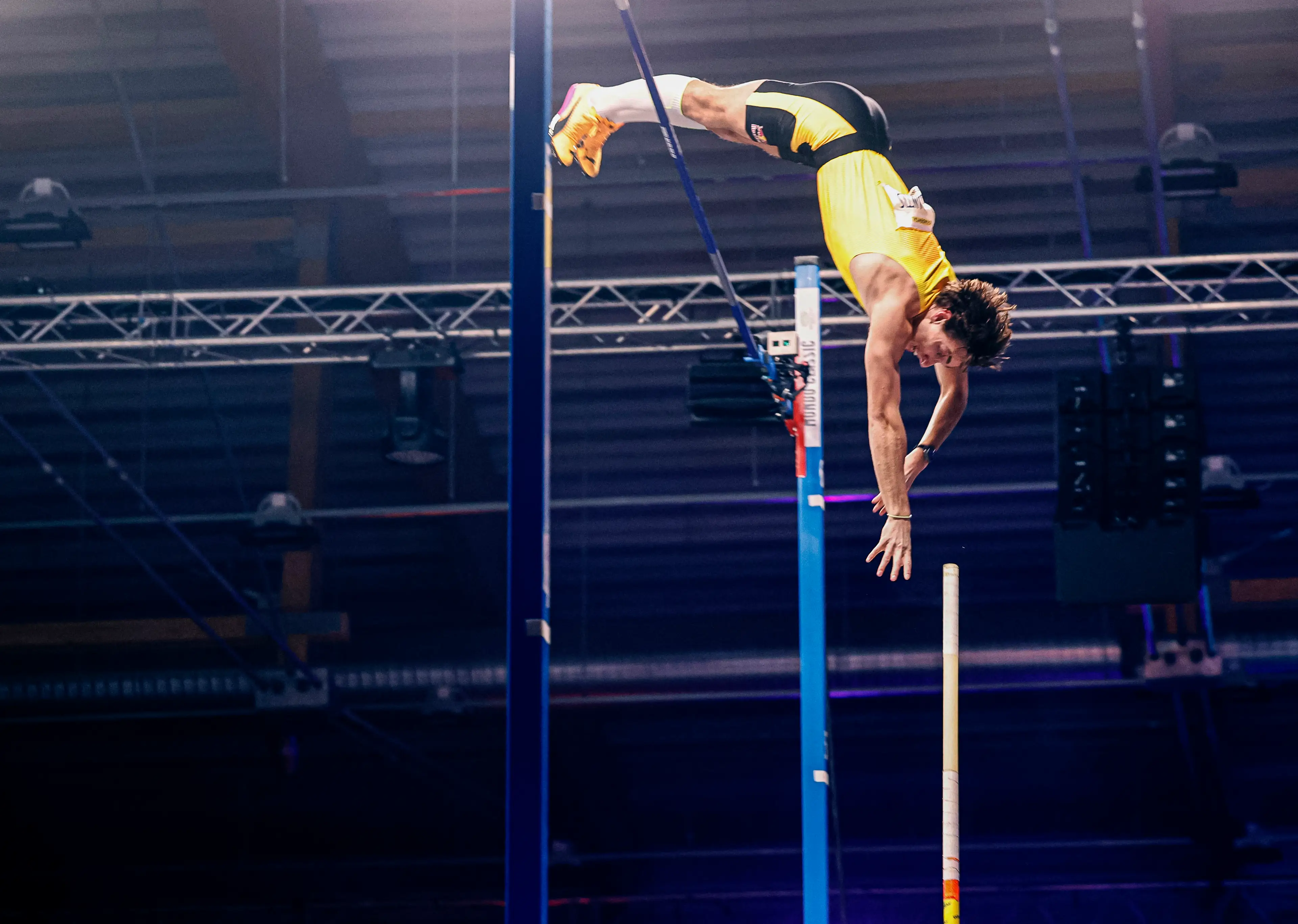 Sweden's Armand Duplantis jumps 6,31 and sets a new world record during the Mondo Classic pole vault. Image credit: Getty