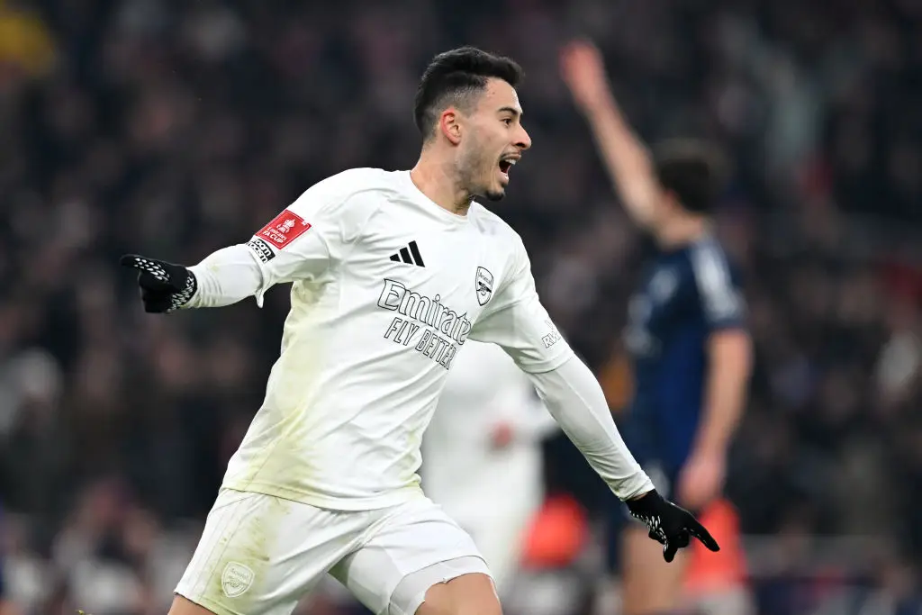 Gabriel Martinelli thought he had put Arsenal ahead against Manchester United, only for the goal to be ruled offside. (Image: Getty)