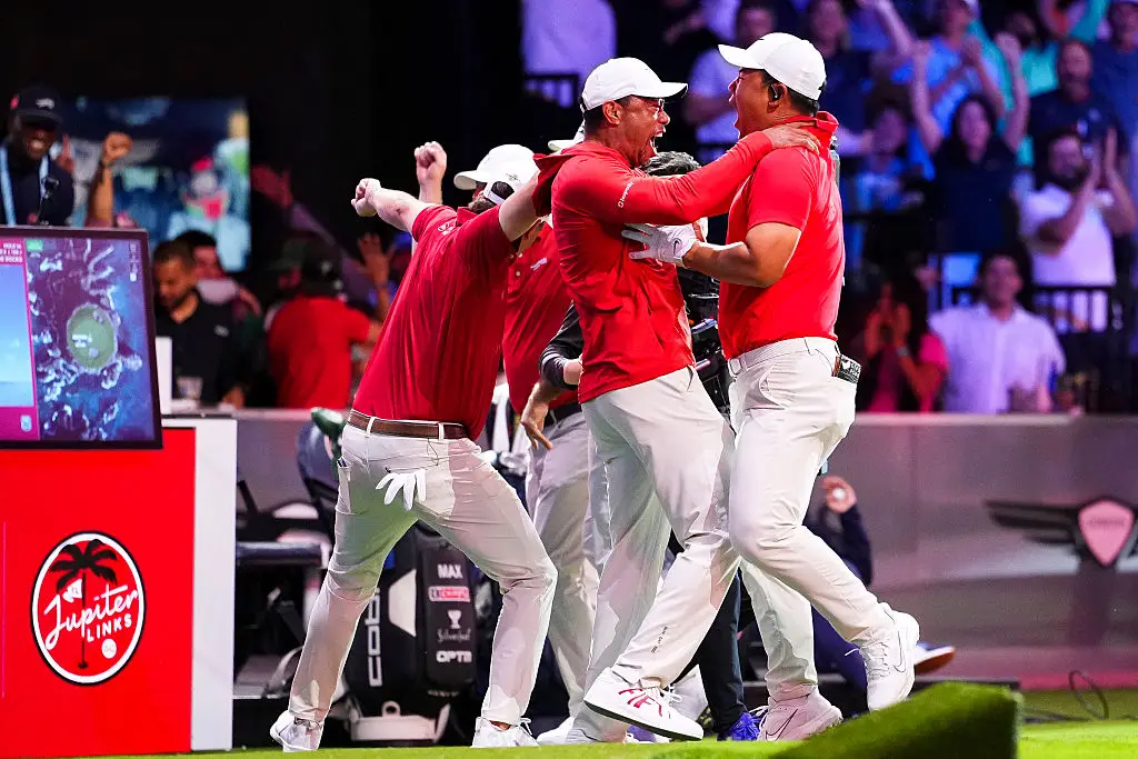 Woods couldn't believe what he had seen after Kim's stunning shot. (Image: Rich Storry/TGL/TGL Golf via Getty Images)