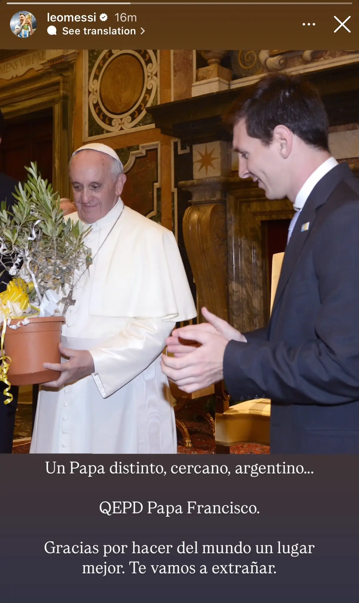 Lionel Messi paid tribute to Pope Francis following his death. Image: via Instagram/Lionel Messi 