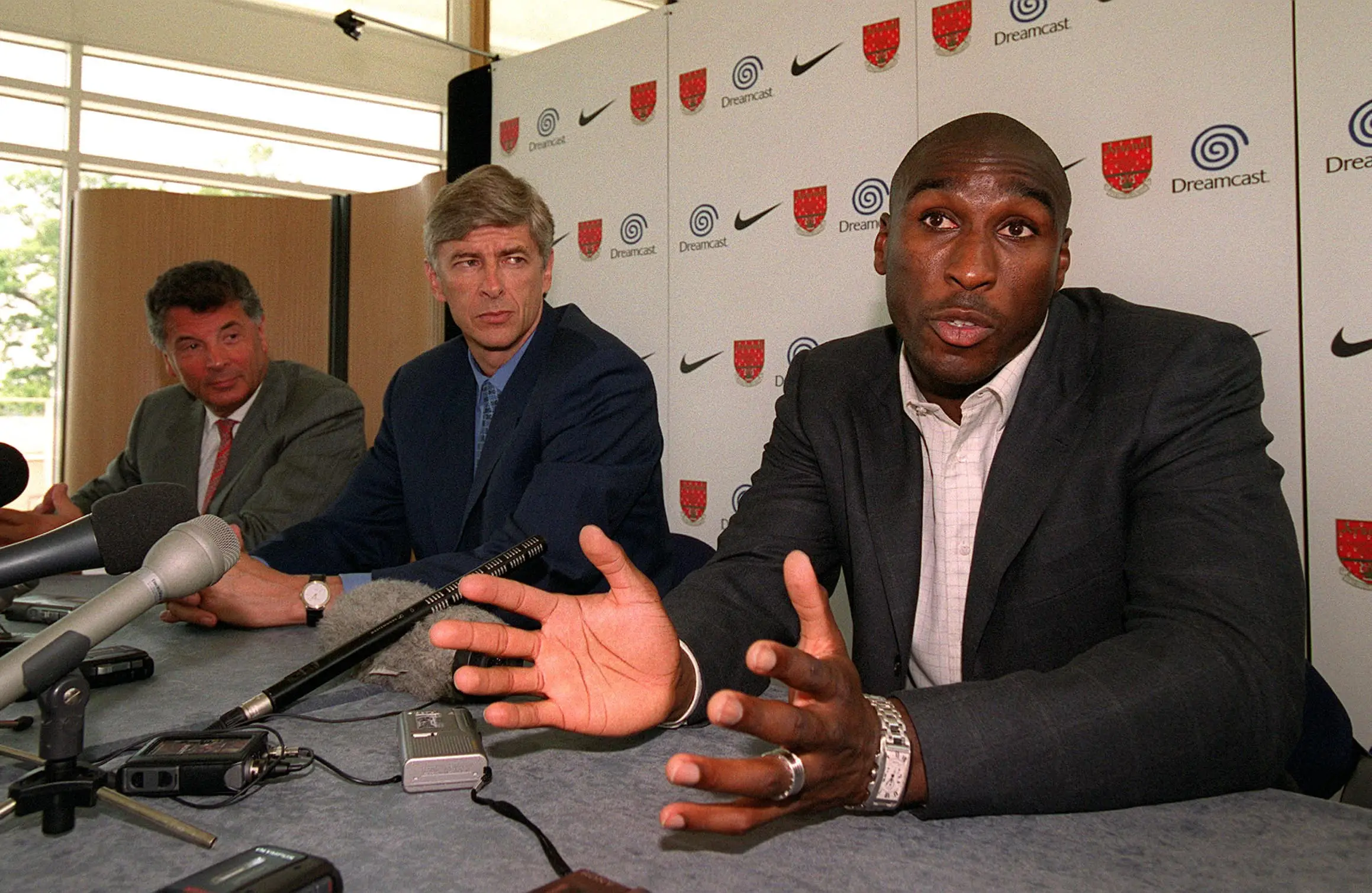 Sol Campbell was unveiled by Arsenal at a press conference in August 2001 (Image: Getty)