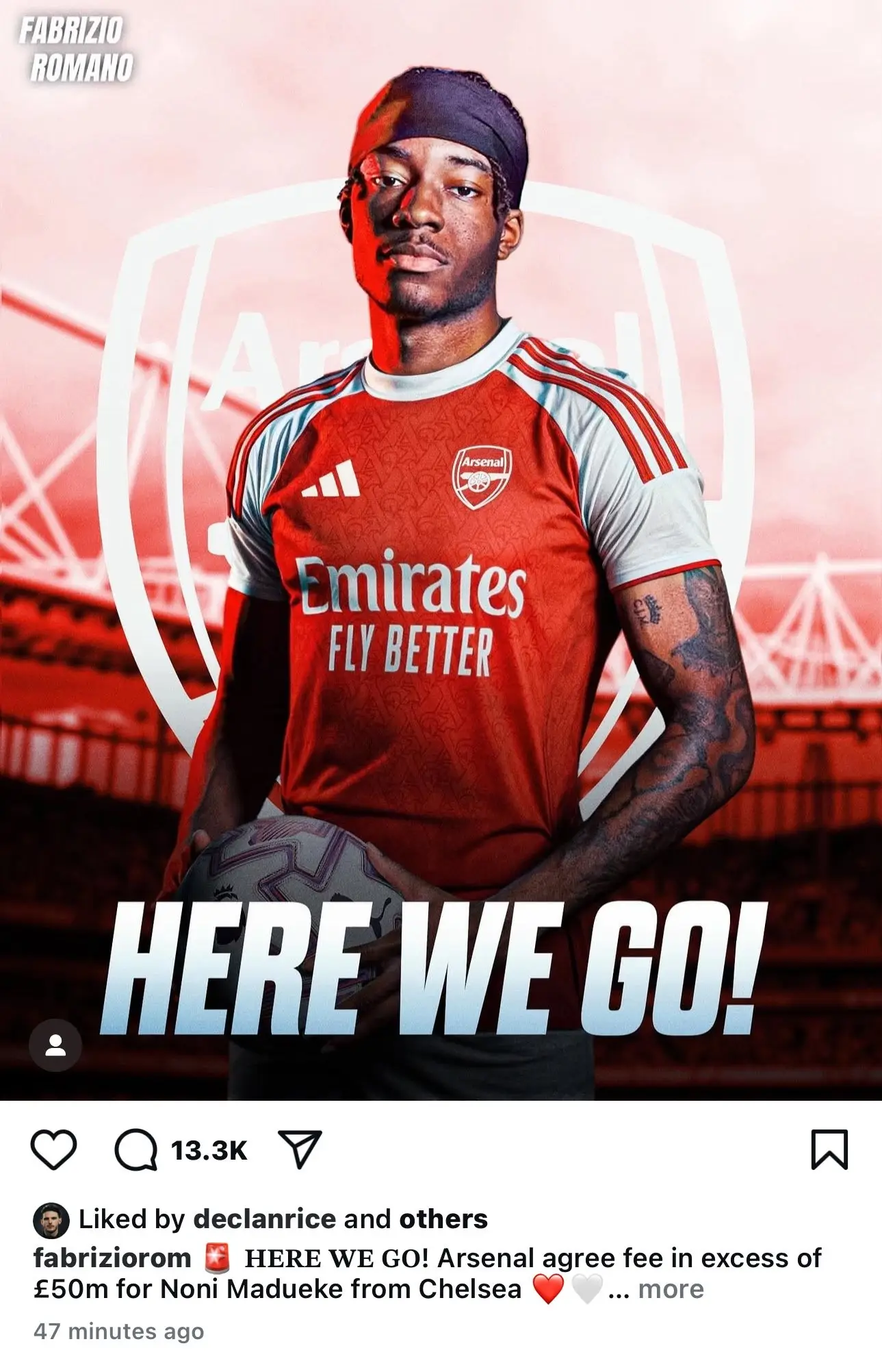 Declan Rice was spotted liking Romano's post on Instagram. (Image: Arsenal Presser)