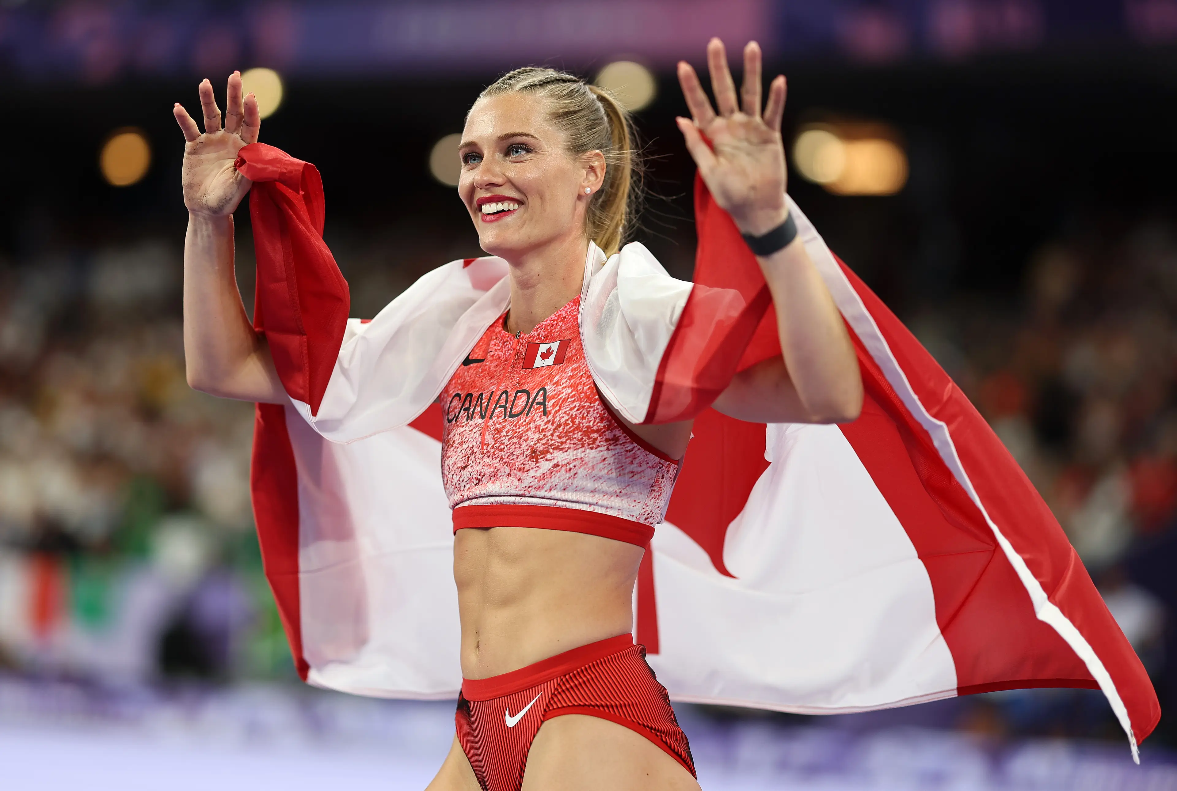 Bronze medalist Alysha Newman of Team Canada reacts after competing during the Women's Pole Vault Final on day twelve of the Olympic Games Paris 2024 (Getty Images)