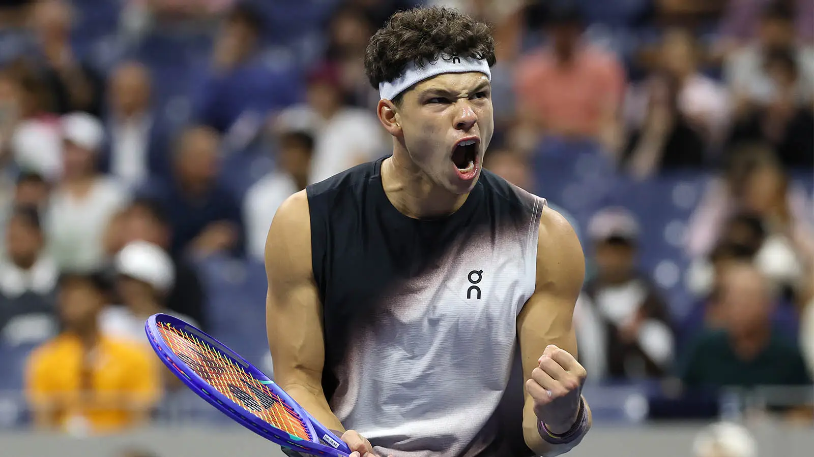 Ben Shelton celebrates during his victory over Carlos Alcaraz at the US Open (Image: Getty)