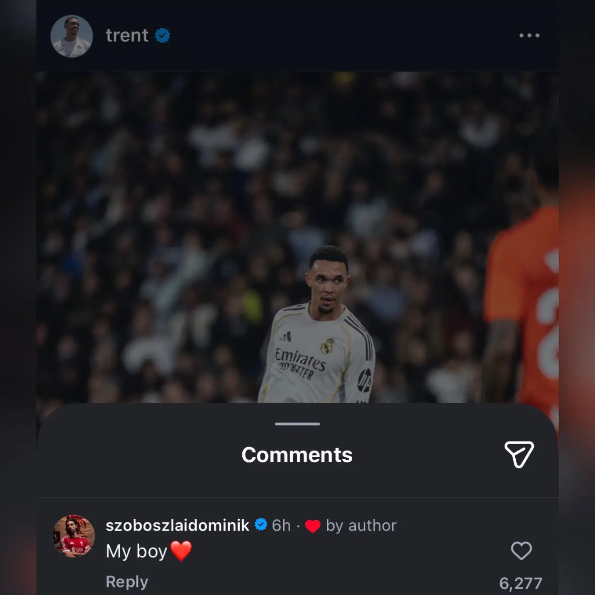 Szoboszlai's comments on Instagram. Image: Instagram/@trent