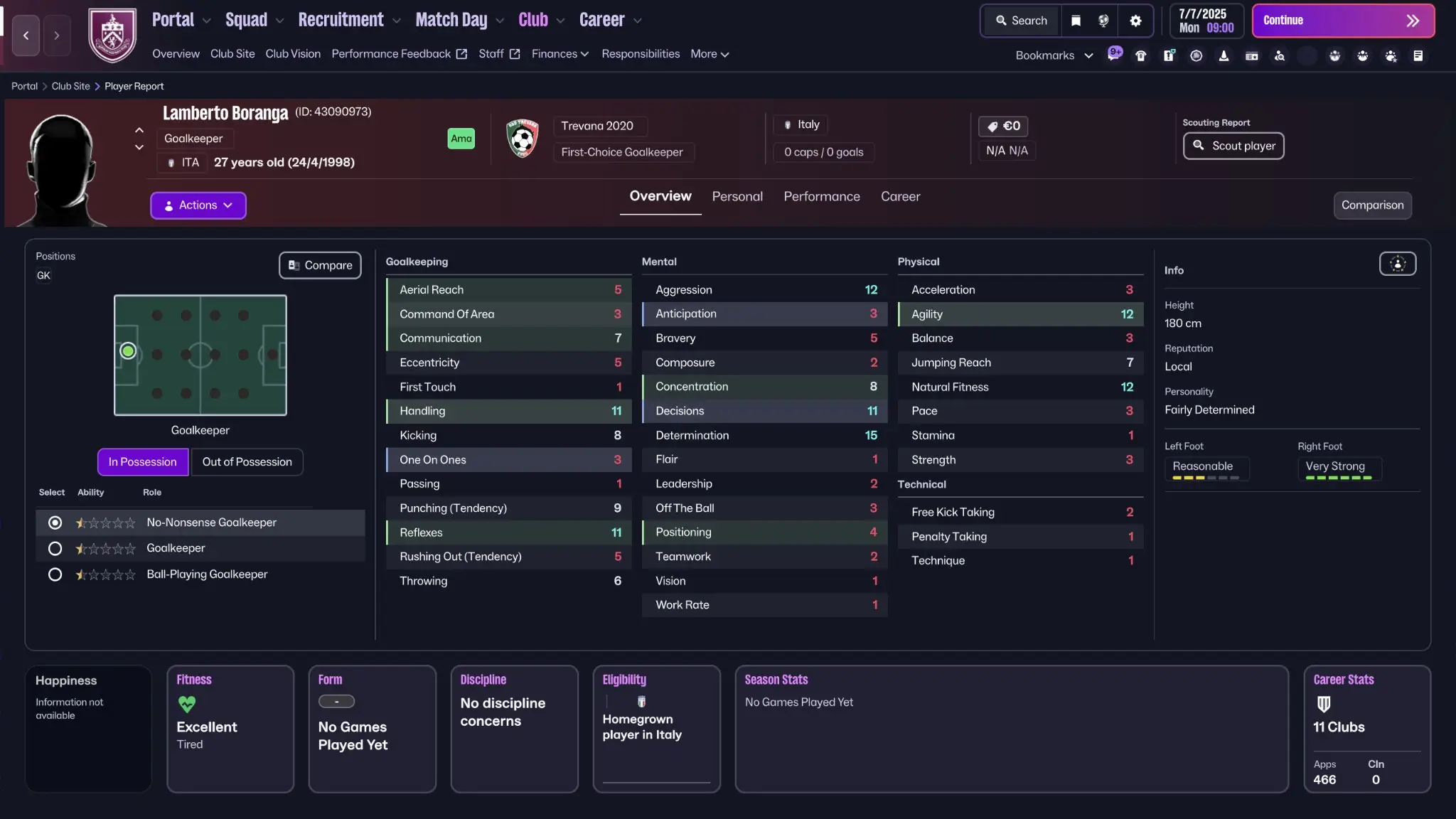 Lamberto Boranga is listed as the Trevana goalkeeper, but has a different date of birth. Image credit: Football Manager/@Passion4FM