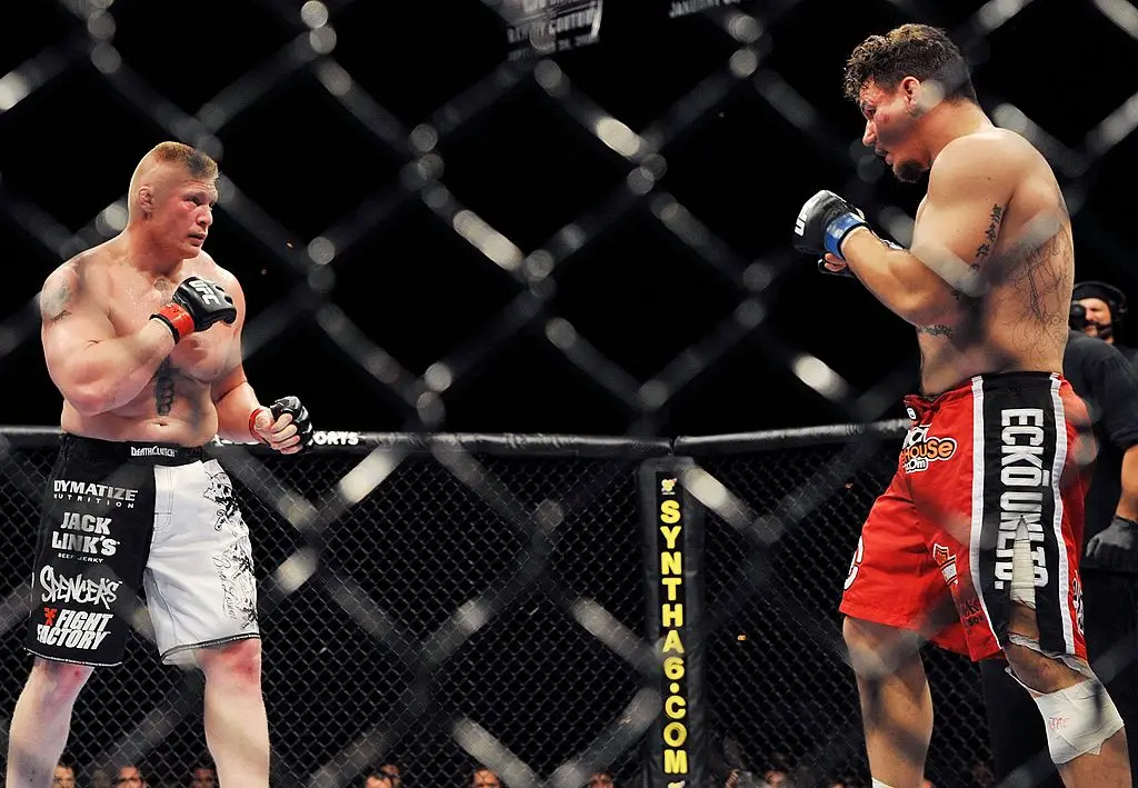 Brock Lesnar defeated Frank Mir by TKO in the second round at UFC 100 in 2009. (Image: Getty)