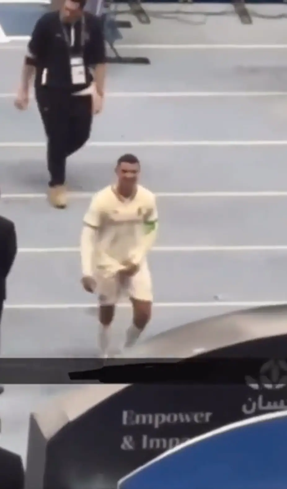 Cristiano Ronaldo responds to Lionel Messi chants after their defeat to Al Hilal on Tuesday. Image credit: Twitter/@aziiz_1992_