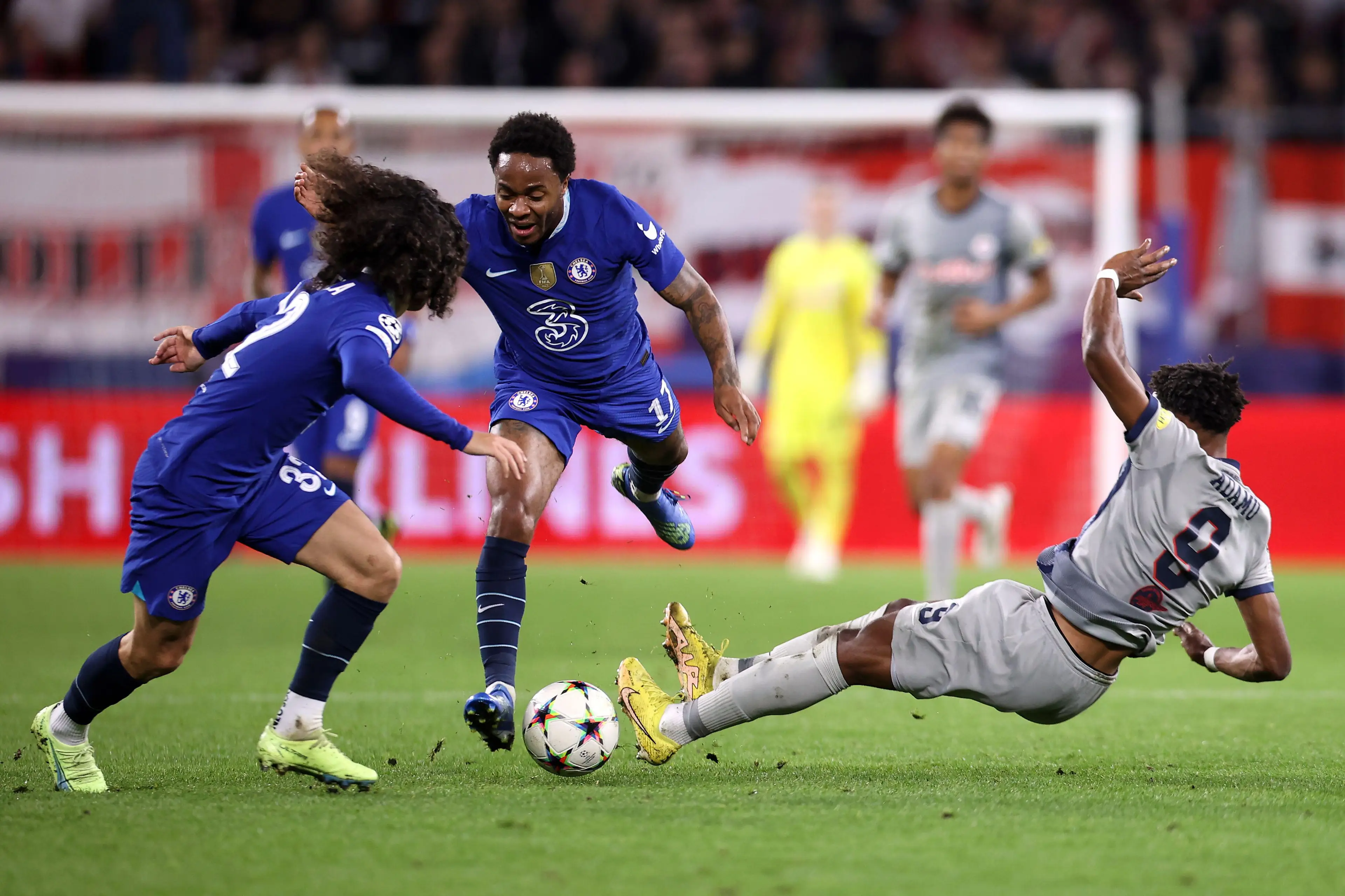 RB Salzburg's Junior Adamu (right) tackles Chelsea's Raheem Sterling during the UEFA Champions League group E match at the Red Bull Arena in Salzburg. (Alamy)