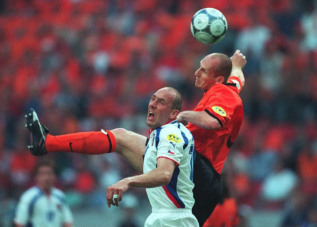 Jaap Stam and Jan Koller clashed on several occasions during their international careers. (Image: Getty)
