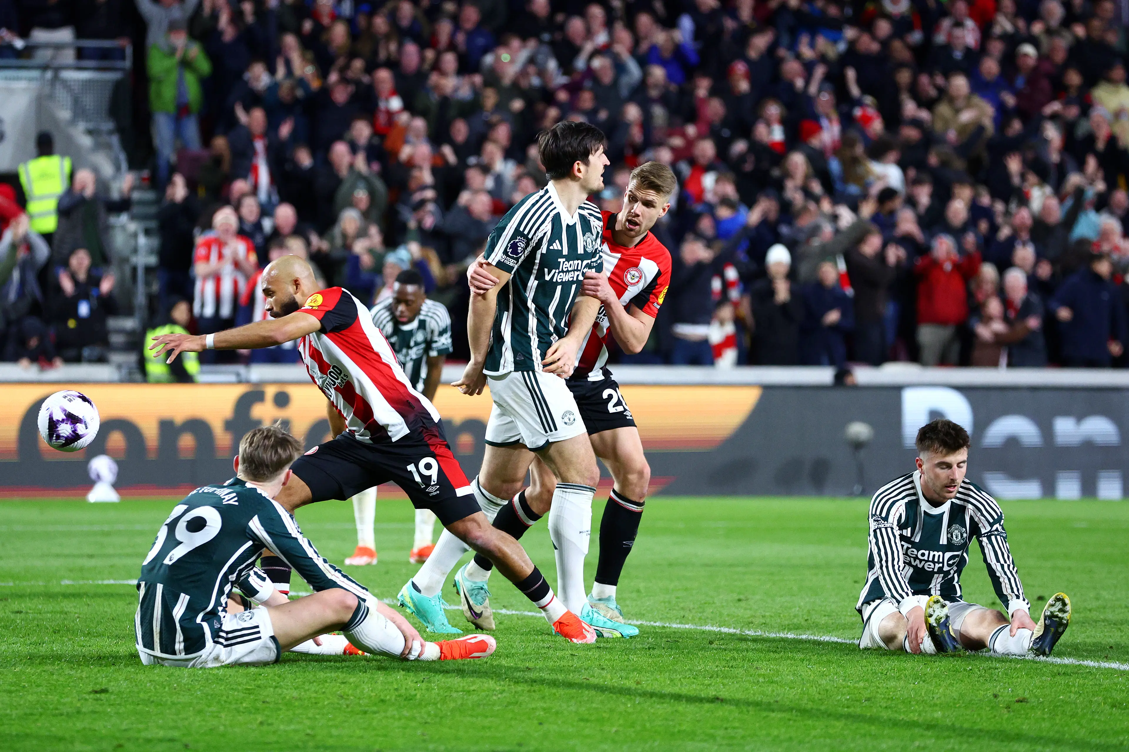 Mason Mount and Scott McTominay look dejected after Kristoffer Ajer scores. Image: Getty