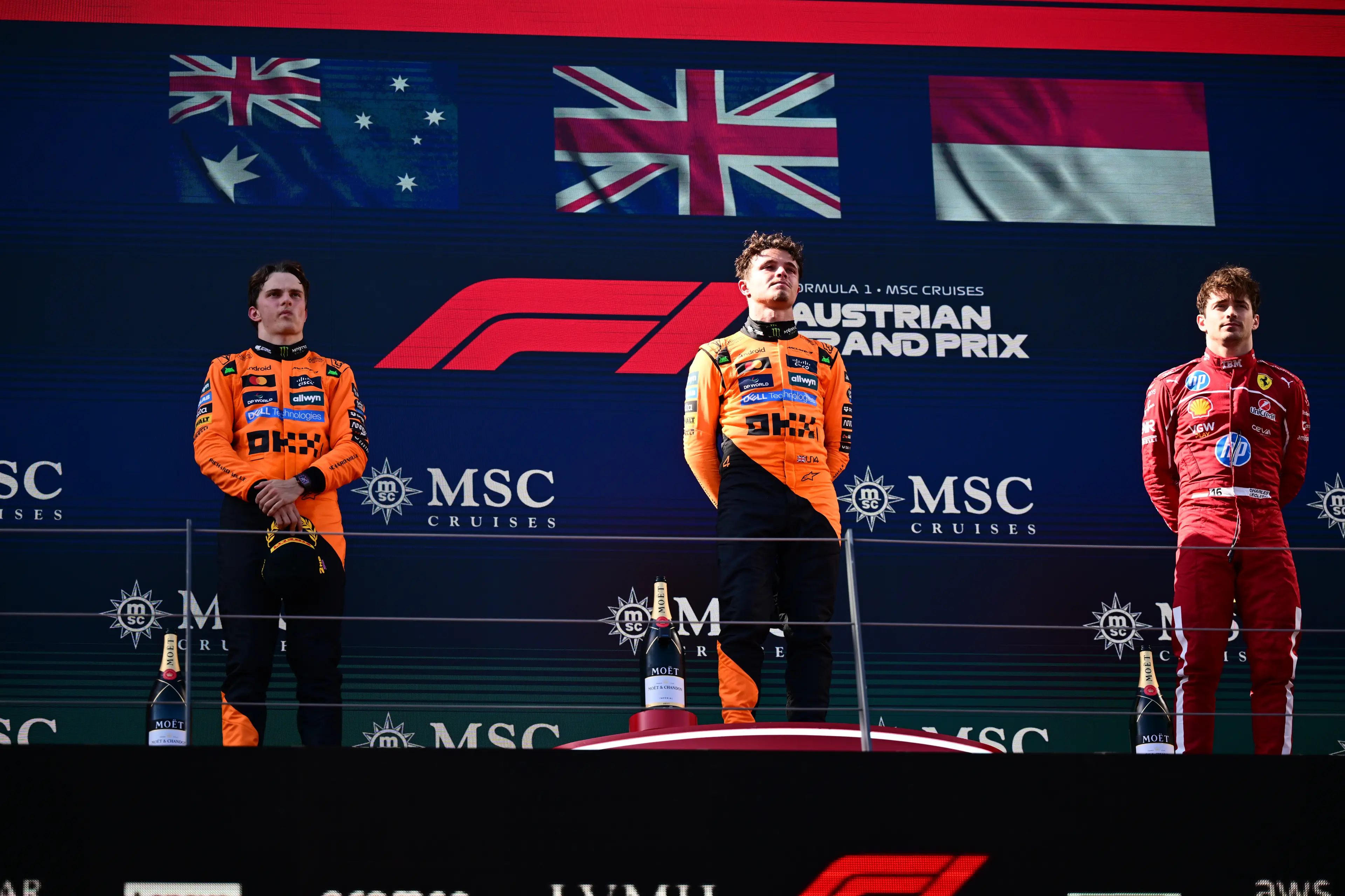Lando Norris won the Austrian Grand Prix ahead of Oscar Piastri and Charles Leclerc. Image: Getty