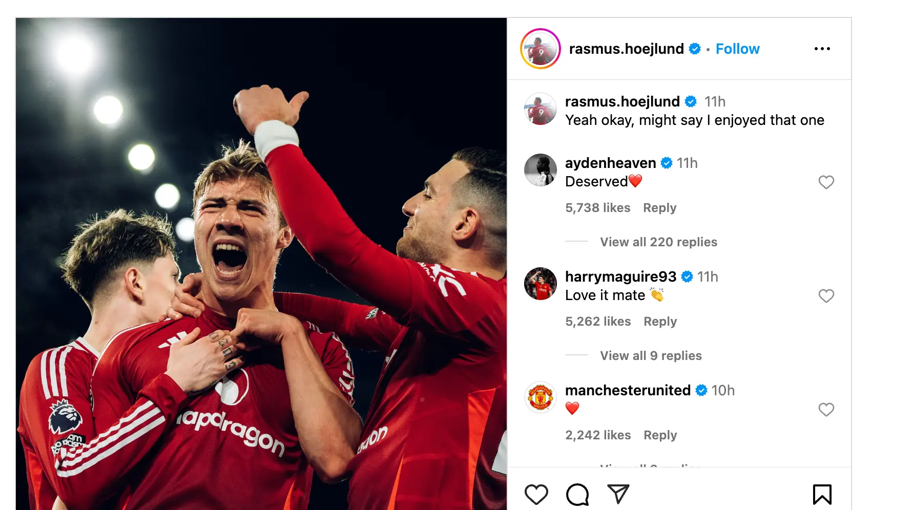 Heaven left a comment on Hojlund's post. Image credit: Instagram/rasmus.hoejlund