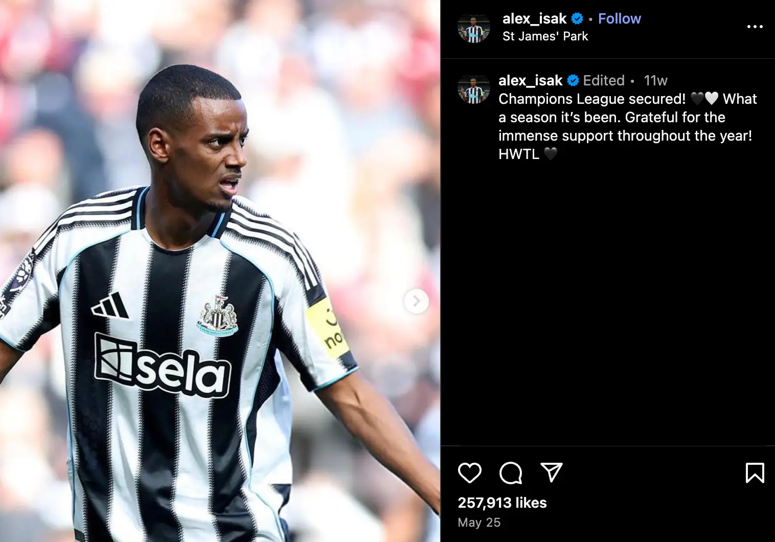 Isak hasn't posted to social media since May 25 - at the end of the 2024/25 season (Image: Instagram/@alex_isak)