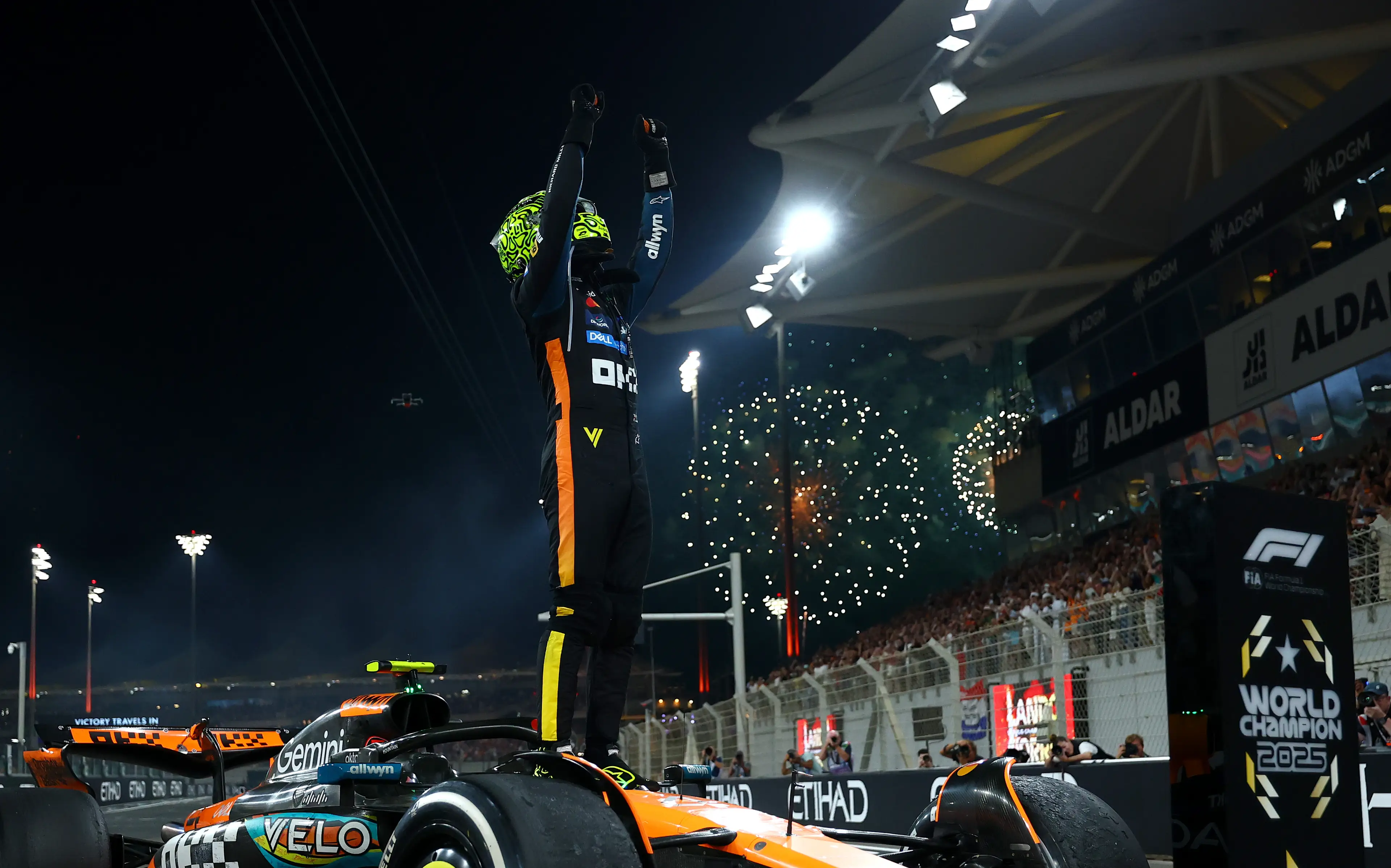 Lando Norris celebrates his first ever F1 world title win. Image: Getty