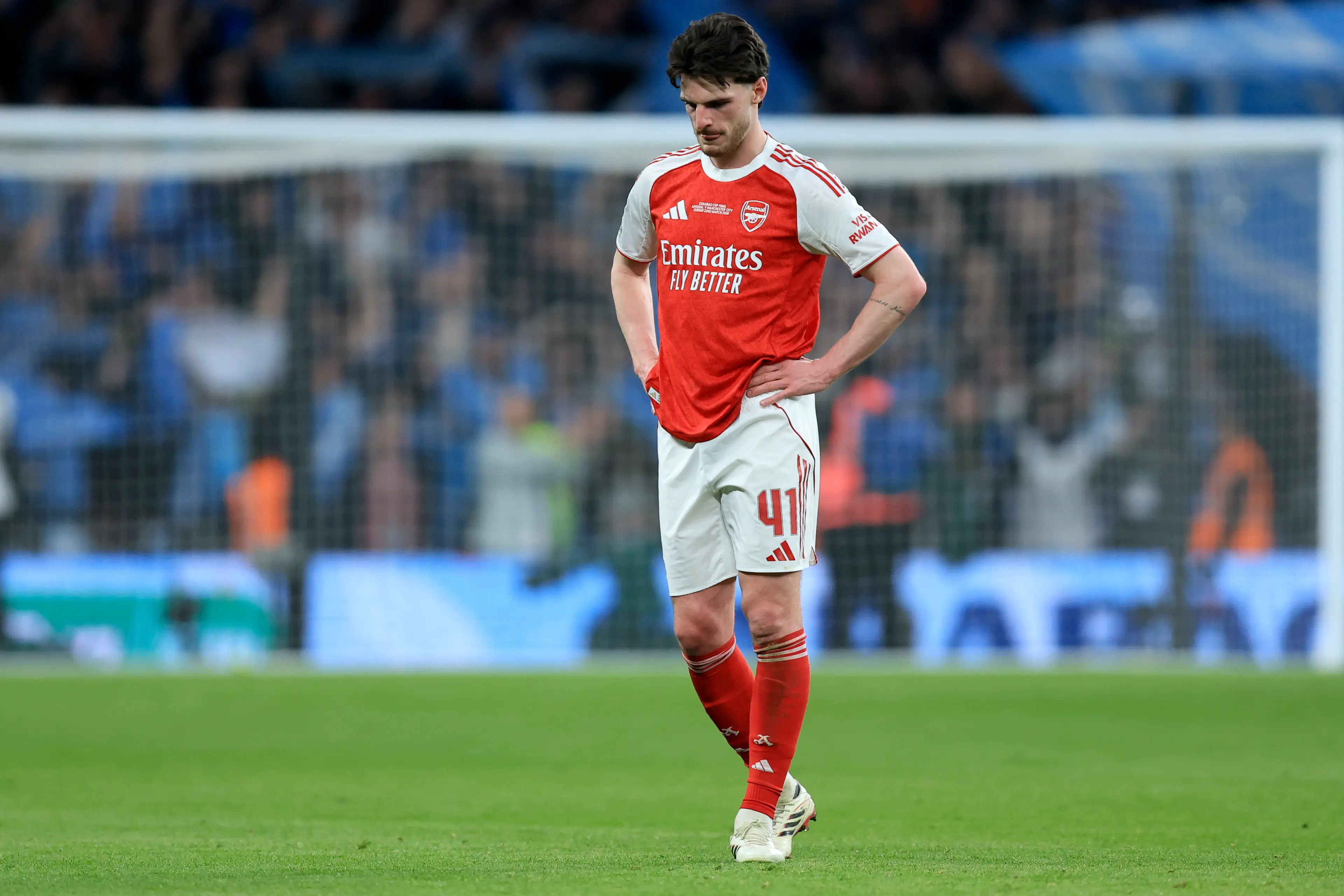 A devastated Declan Rice reacts to Arsenal's Carabao Cup final defeat. Image credit: Getty 