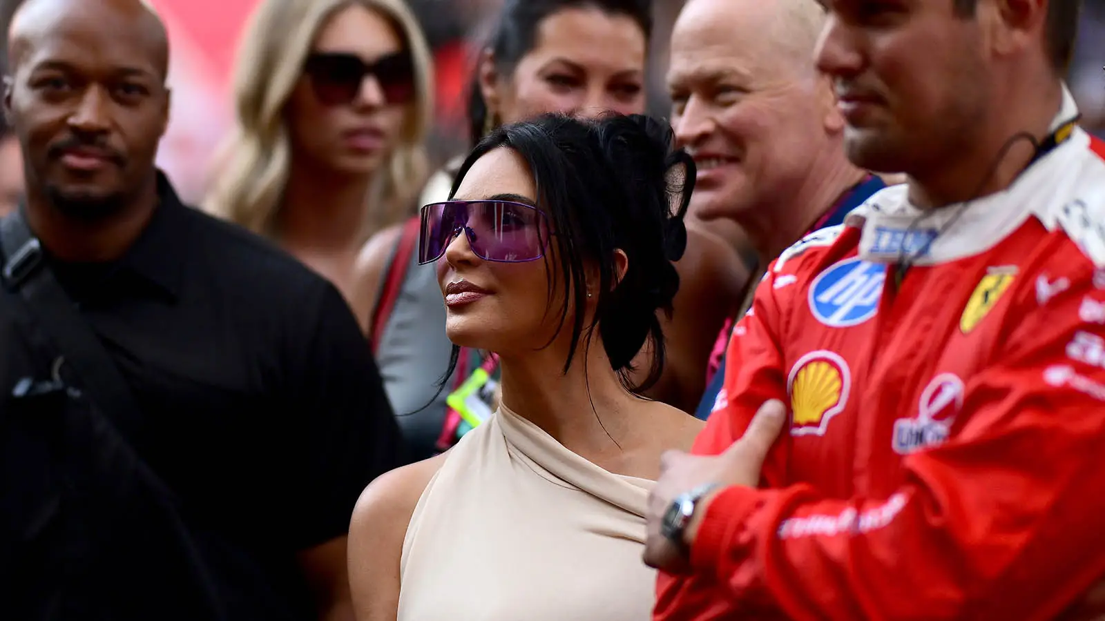 Kim Kardashian watched on during the podium ceremony after Lewis Hamilton finished second in the Monaco GP (Image: Getty)