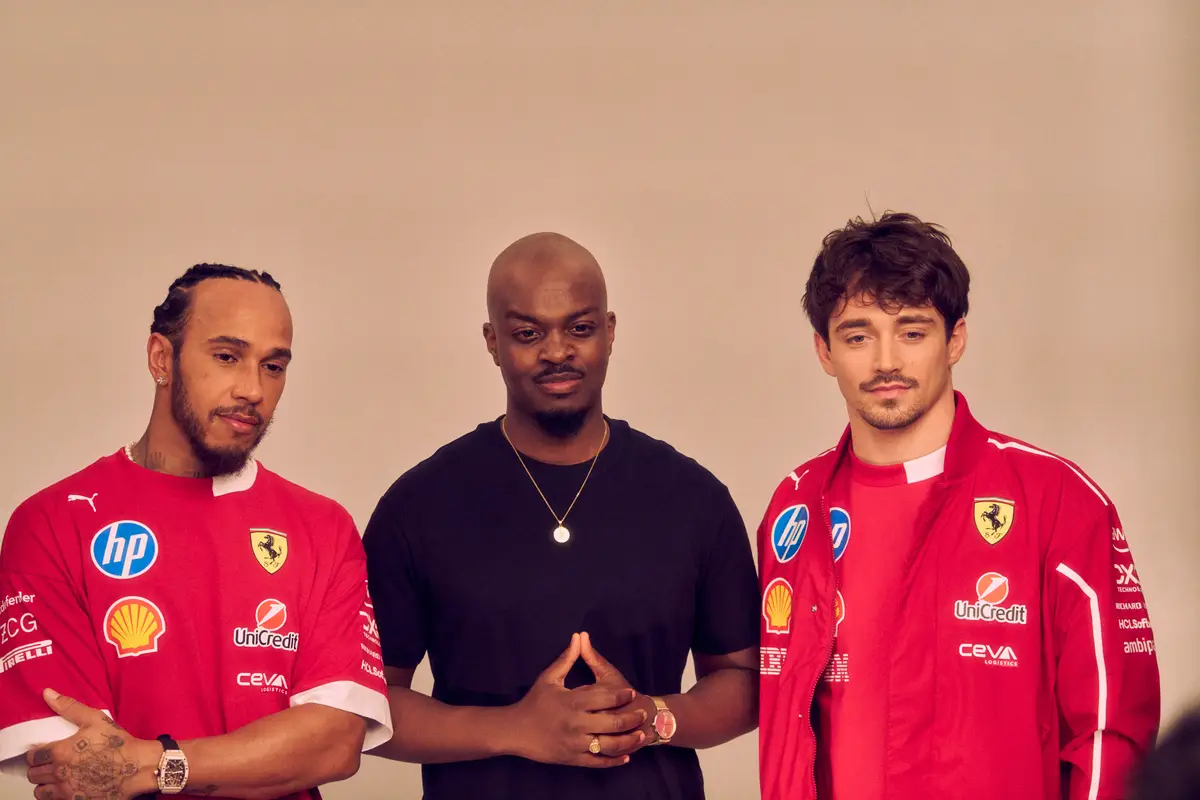 Lewis Hamilton, George the Poet and Charles Leclerc. Image: Chivas Regal/Scuderia Ferrari HP