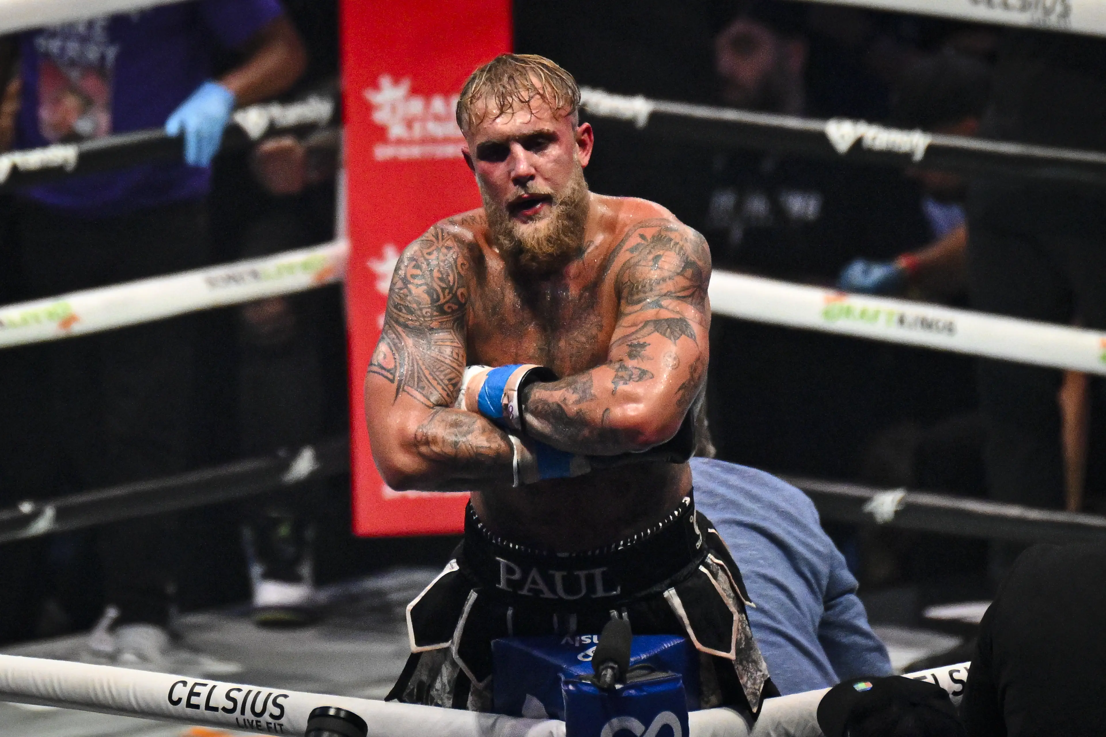 Jake Paul celebrates his win over Mike Perry. Image: Getty