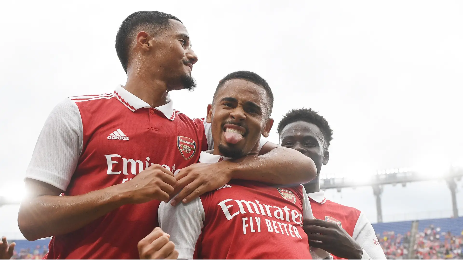 William Saliba, Gabriel Jesus, and Bukayo Saka celebrating a goal in pre-season