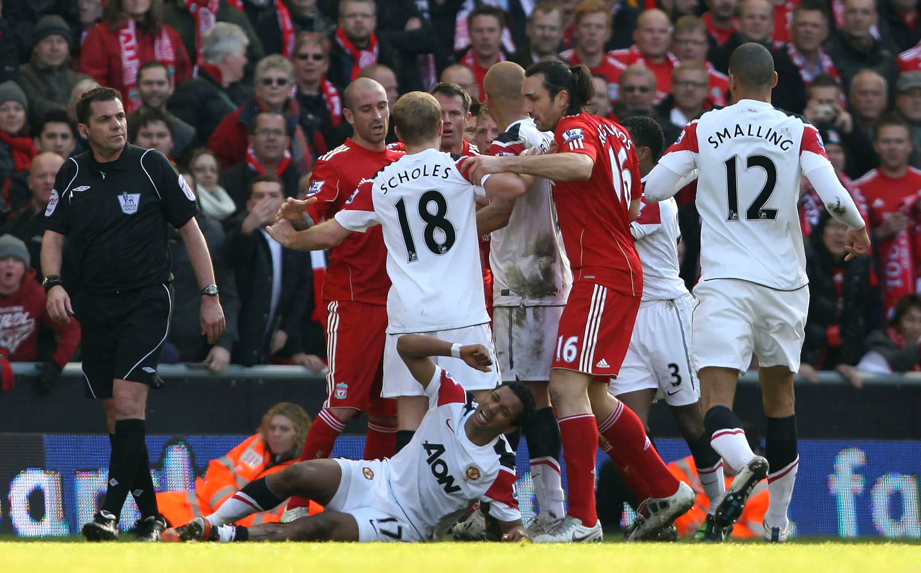 The aftermath following Jamie Carragher's tackle on Nani. Image: Getty 