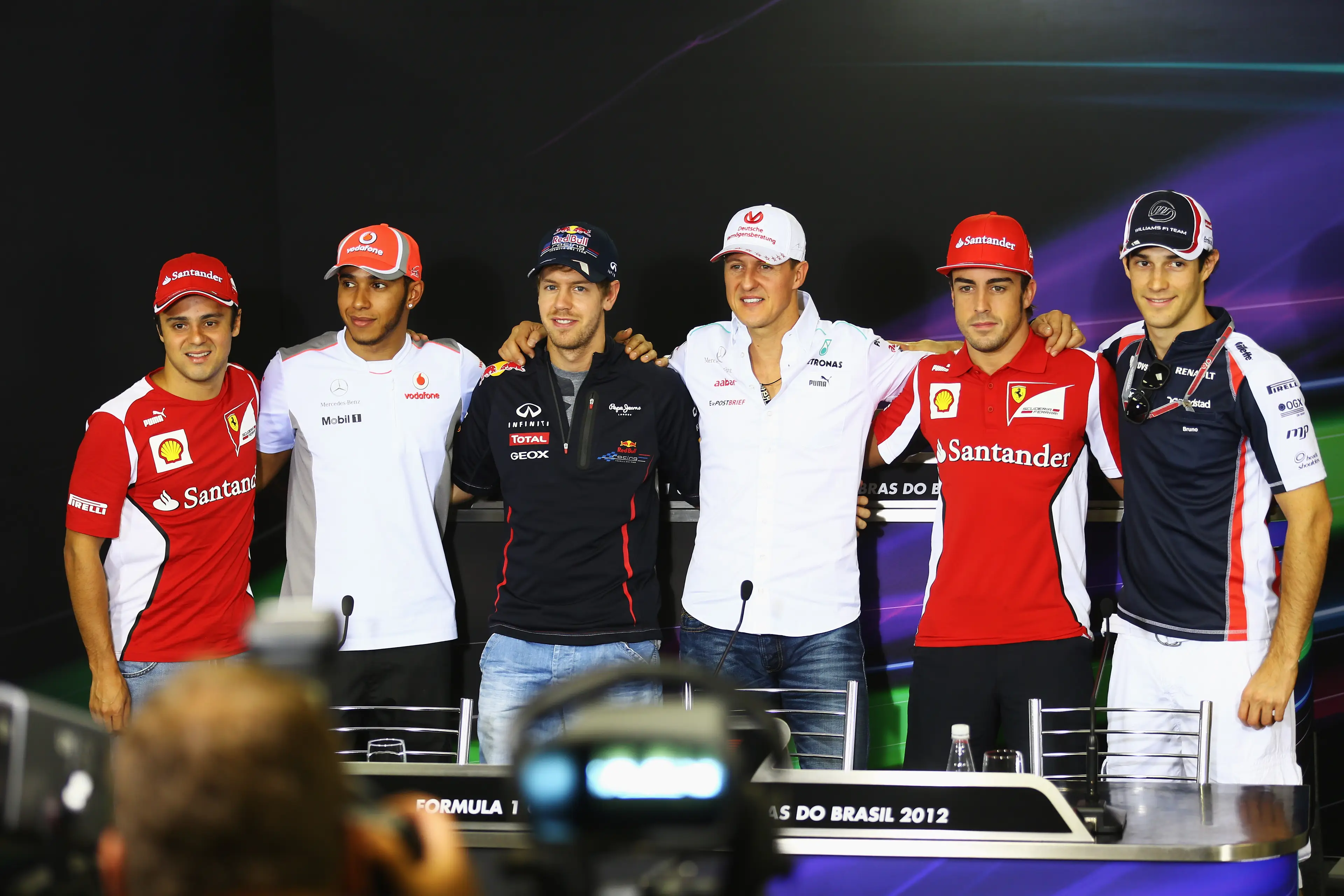 Felipe Massa of Brazil and Ferrari, Lewis Hamilton of Great Britain and McLaren, Sebastian Vettel of Germany and Red Bull Racing, Michael Schumacher of Germany and Mercedes, Fernando Alonso of Spain and Ferrari and Bruno Senna of Brazil and Williams Getty Images