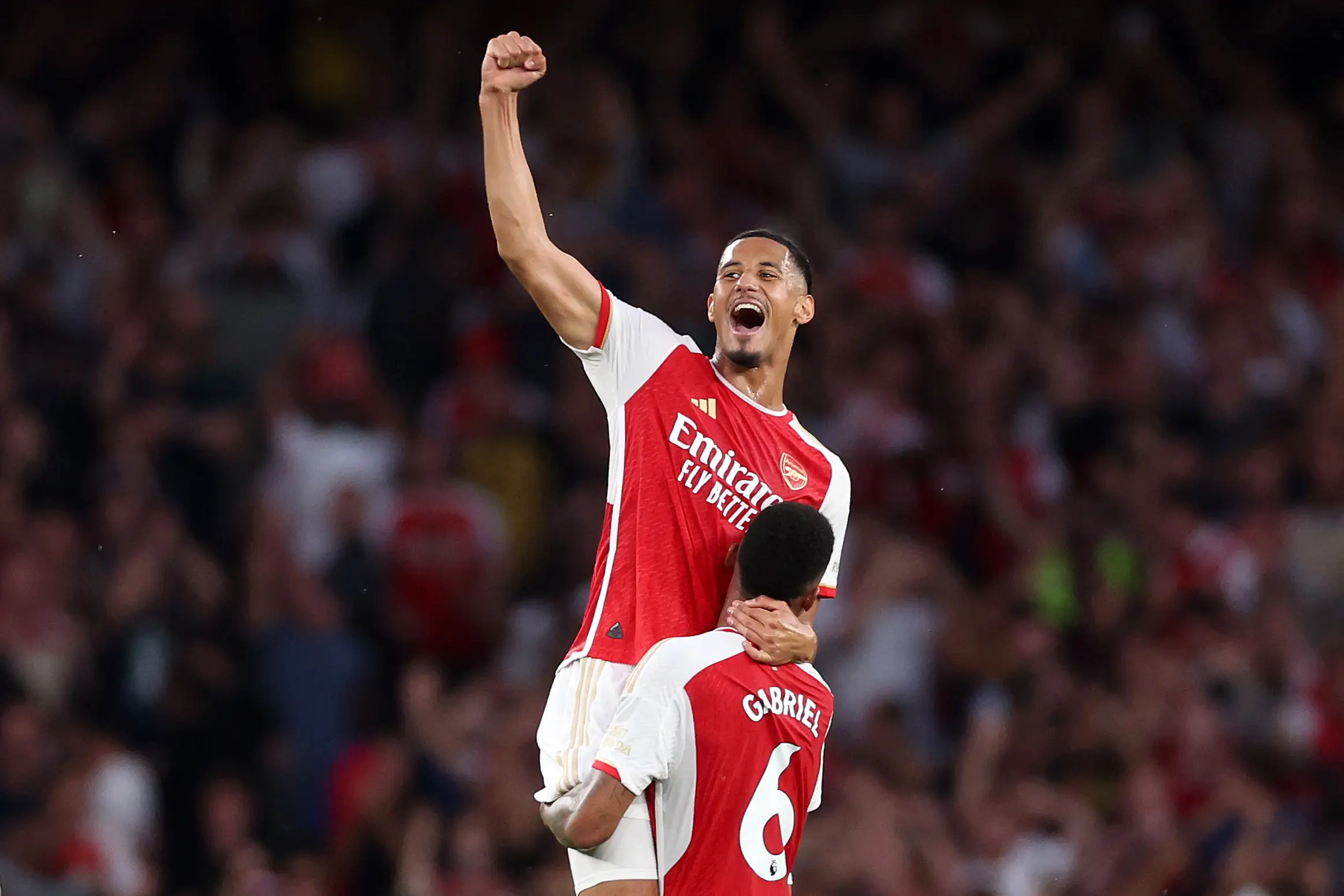 William Saliba celebrates Arsenal's victory over Manchester City. Image: Getty