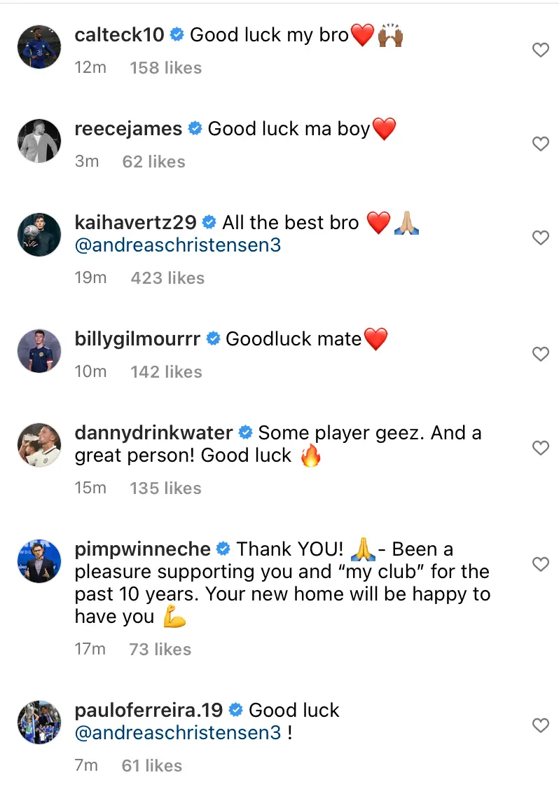 Several Chelsea players wished Andreas Christensen well for the future. (Instagram)