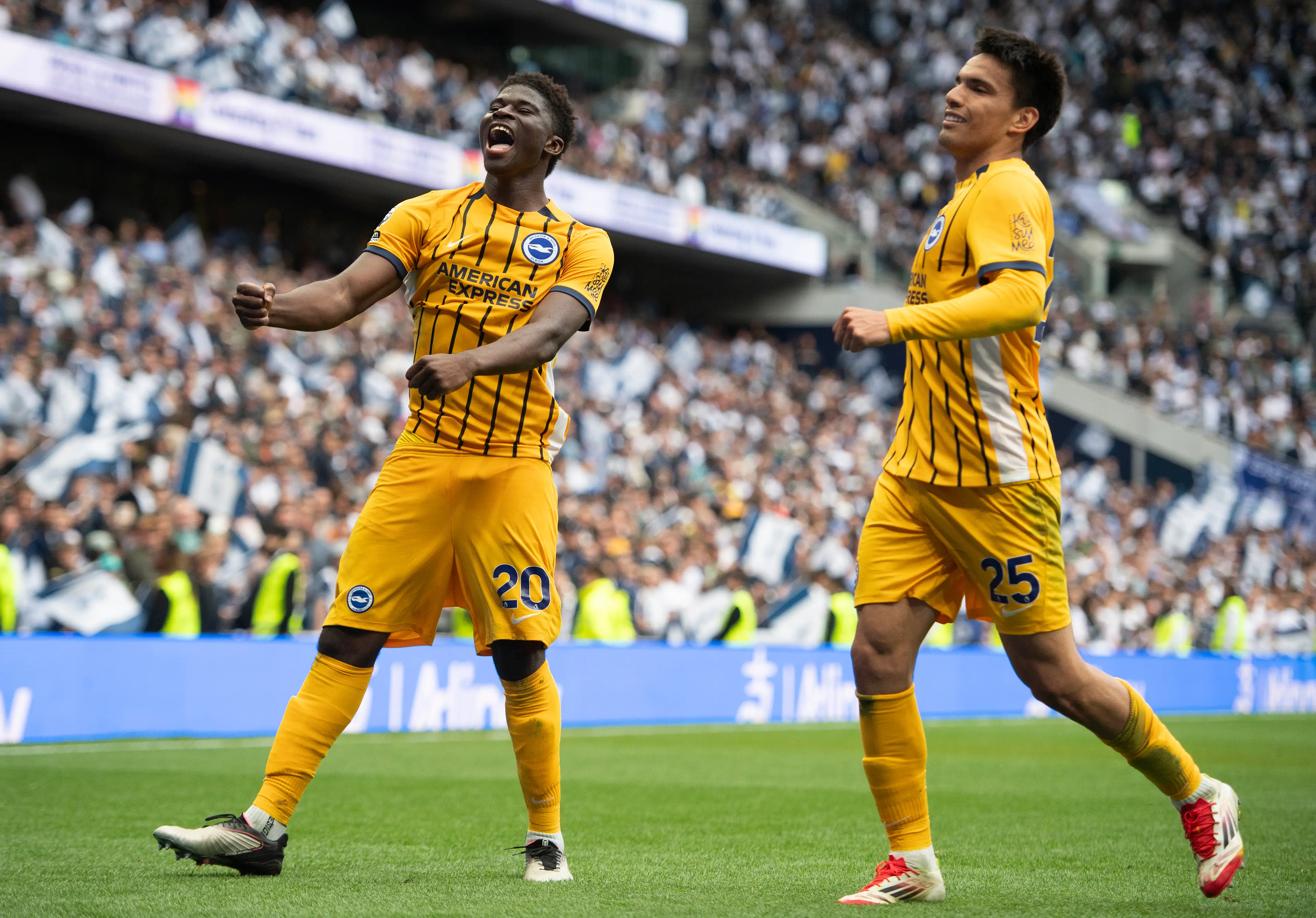 Carlos Baleba is happy at Brighton despite links to Manchester United. Image: Getty