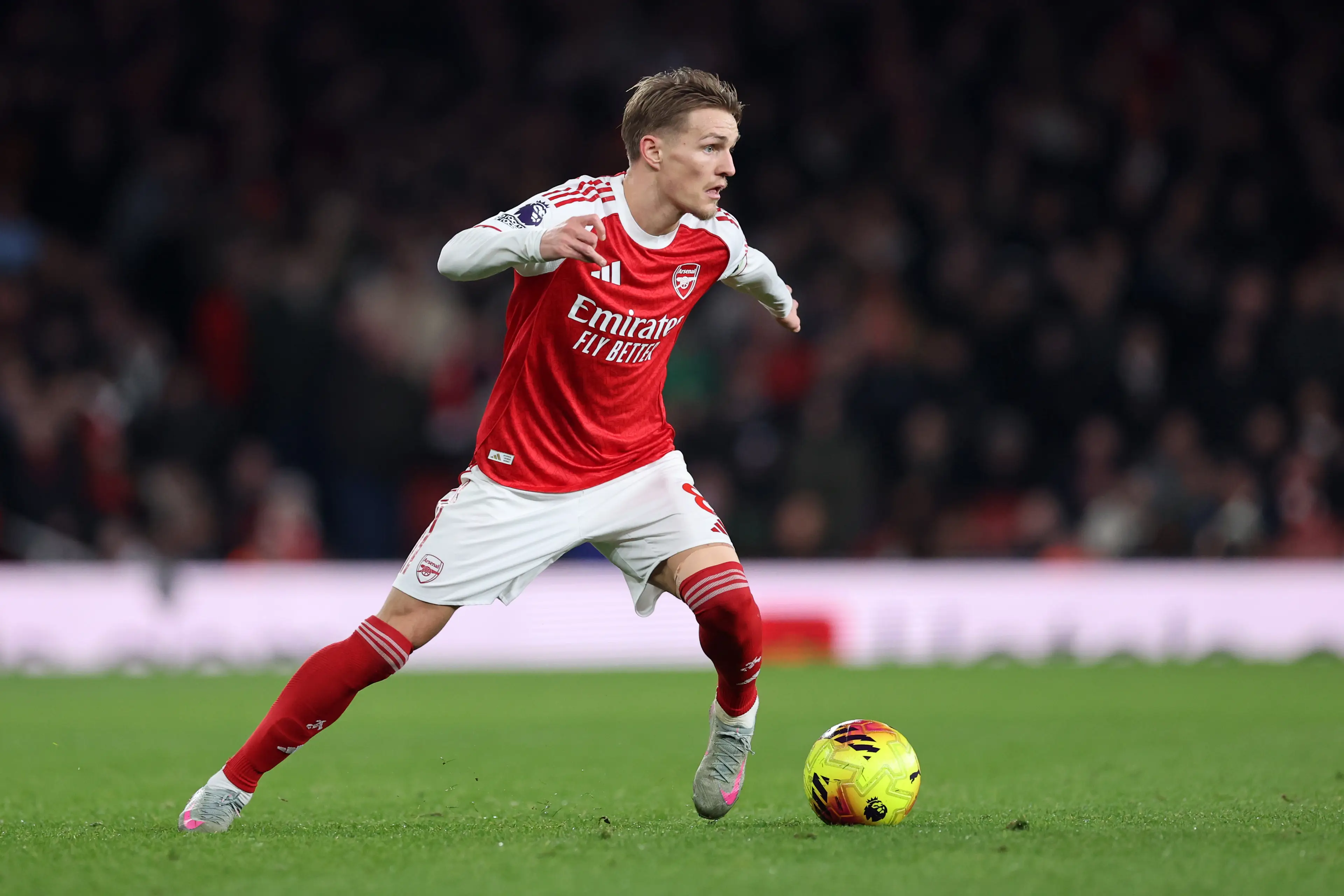 Martin Odegaard in action against Arsenal. Image: Getty 