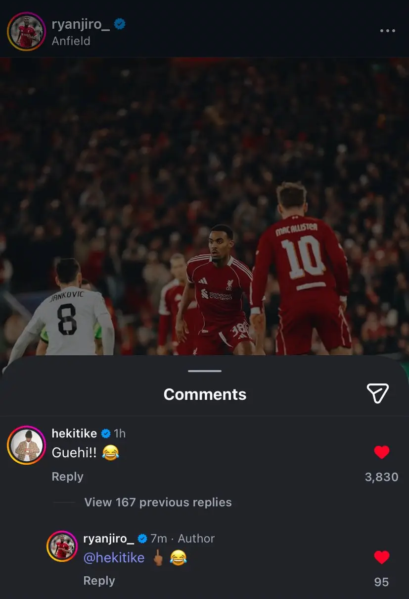 Ekitike left the 'Guehi' comment on Gravenberch's latest Instagram post. Image credit: Instagram