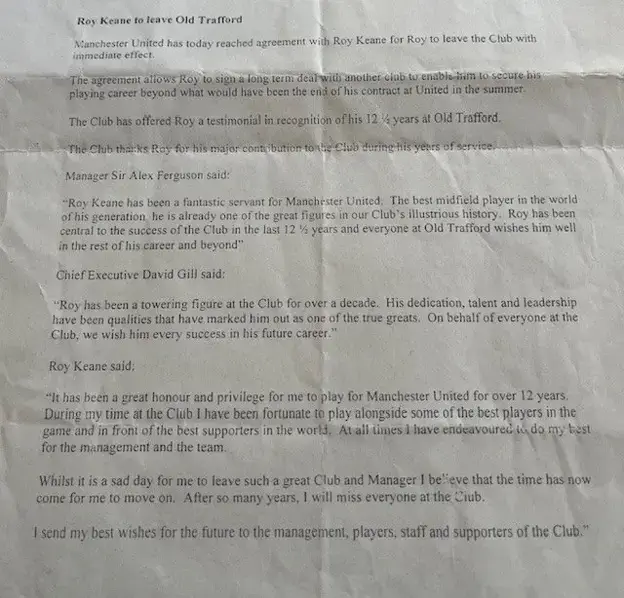 The press release received by reporters when Roy Keane left Man Utd (Credit:BBC Sport)