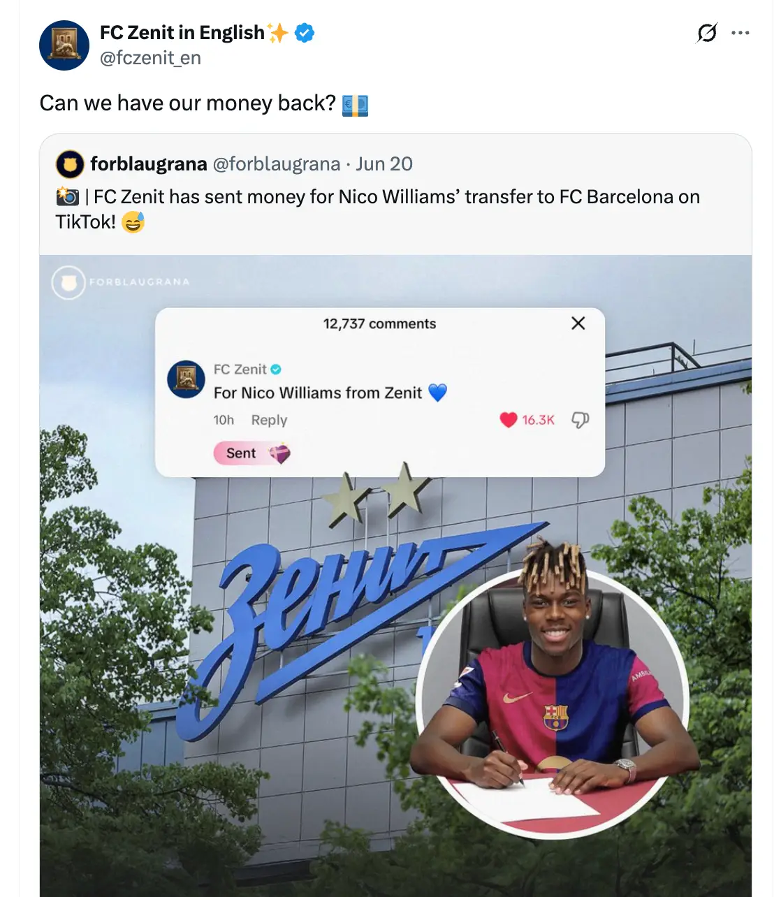 Zenit want their TikTok donation back. Image credit: X/@fczenit_en