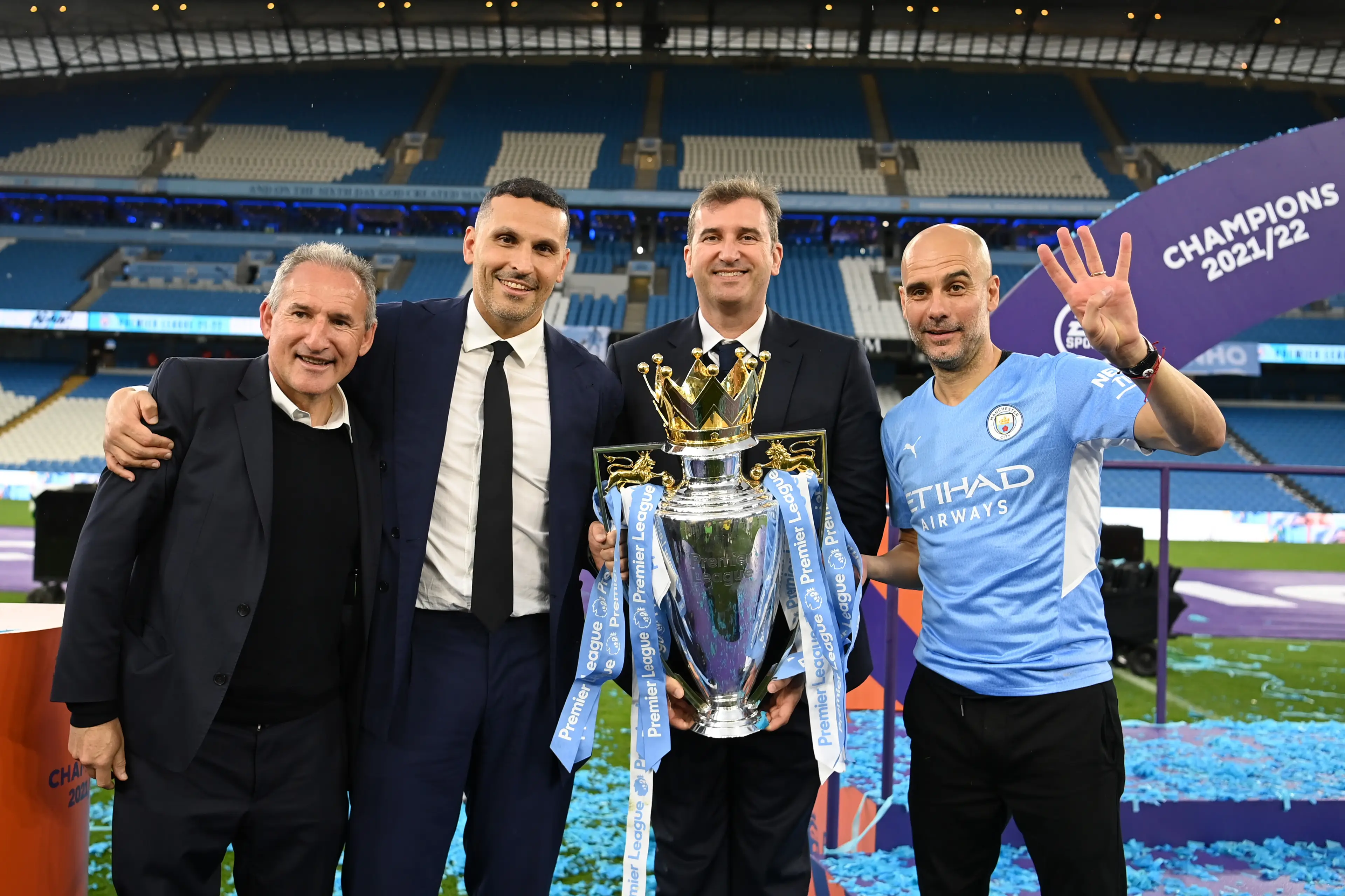 Manchester City chiefs, including Khaldoon Al Mubarak, celebrate their Premier League triumph. Image: Getty 