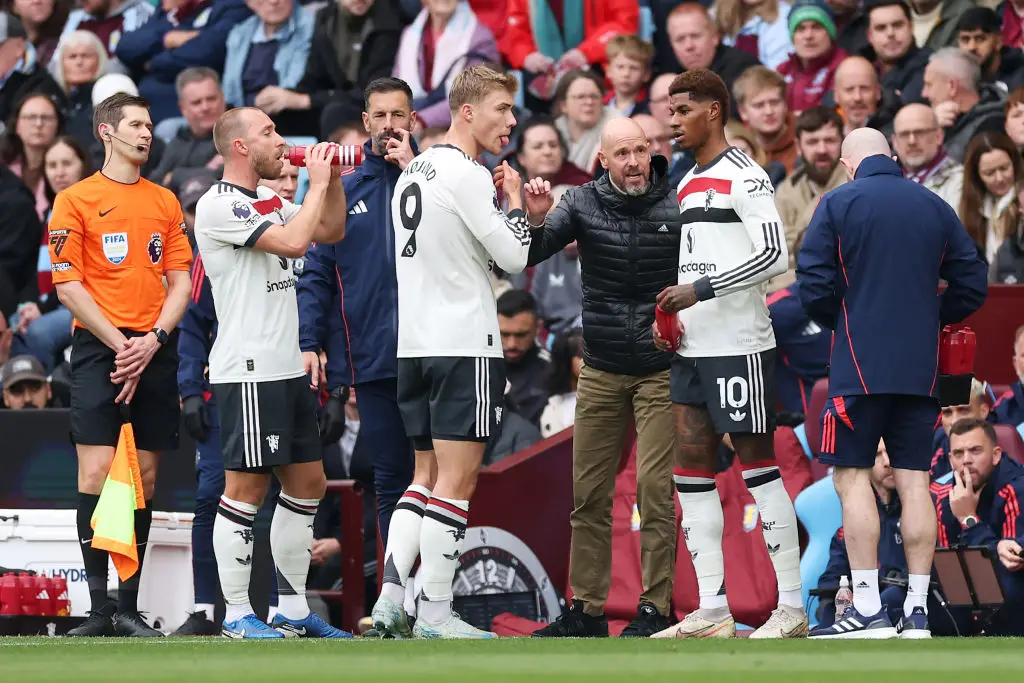 Marcus Rashford receives instructions from manager Erik ten Hag during Man Utd's 0-0 draw with Aston Villa - Getty