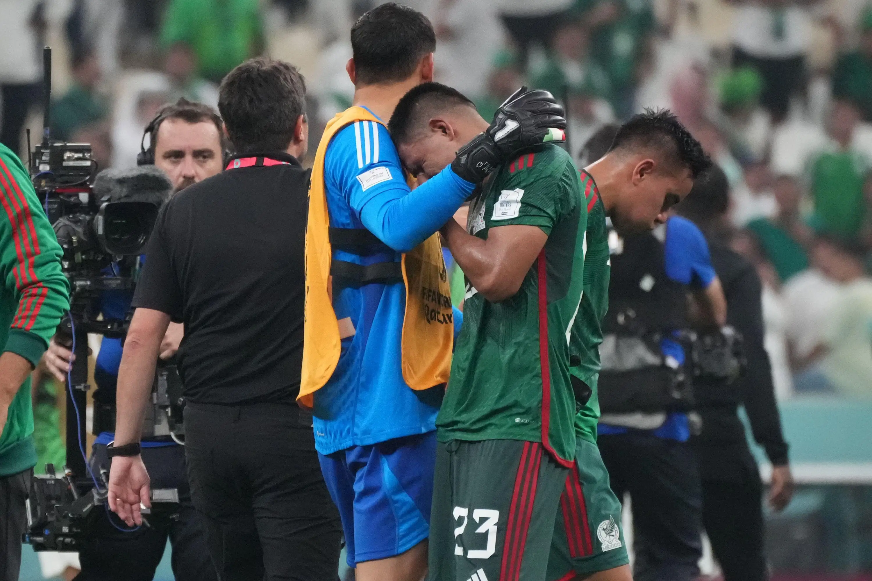 Mexico's Jesus Gallardo consoled by his teammate following their World Cup elimination. Image: Alamy