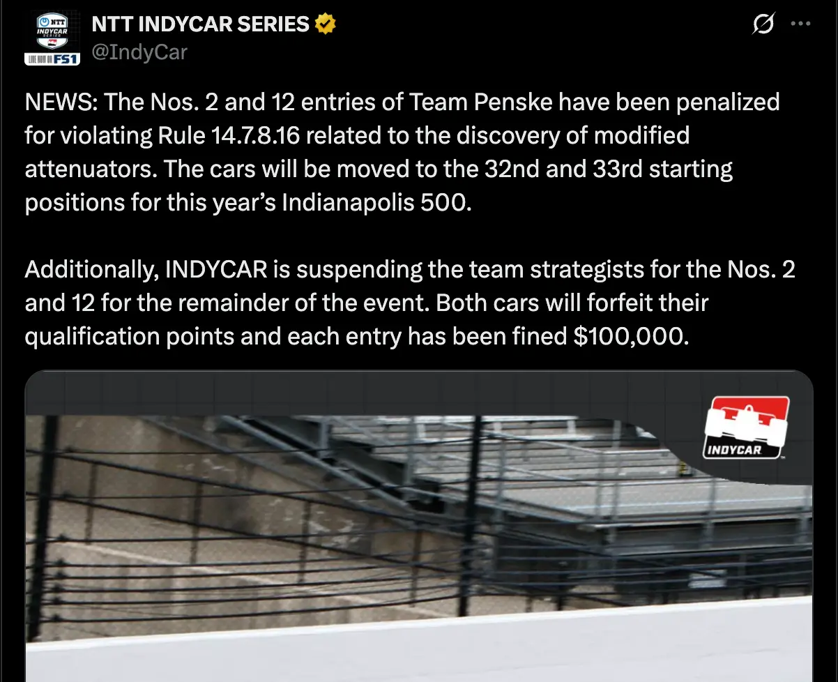 IndyCar's official statement on the entries of Josef Newgarden and Will Power (Image: Twitter/@IndyCar)