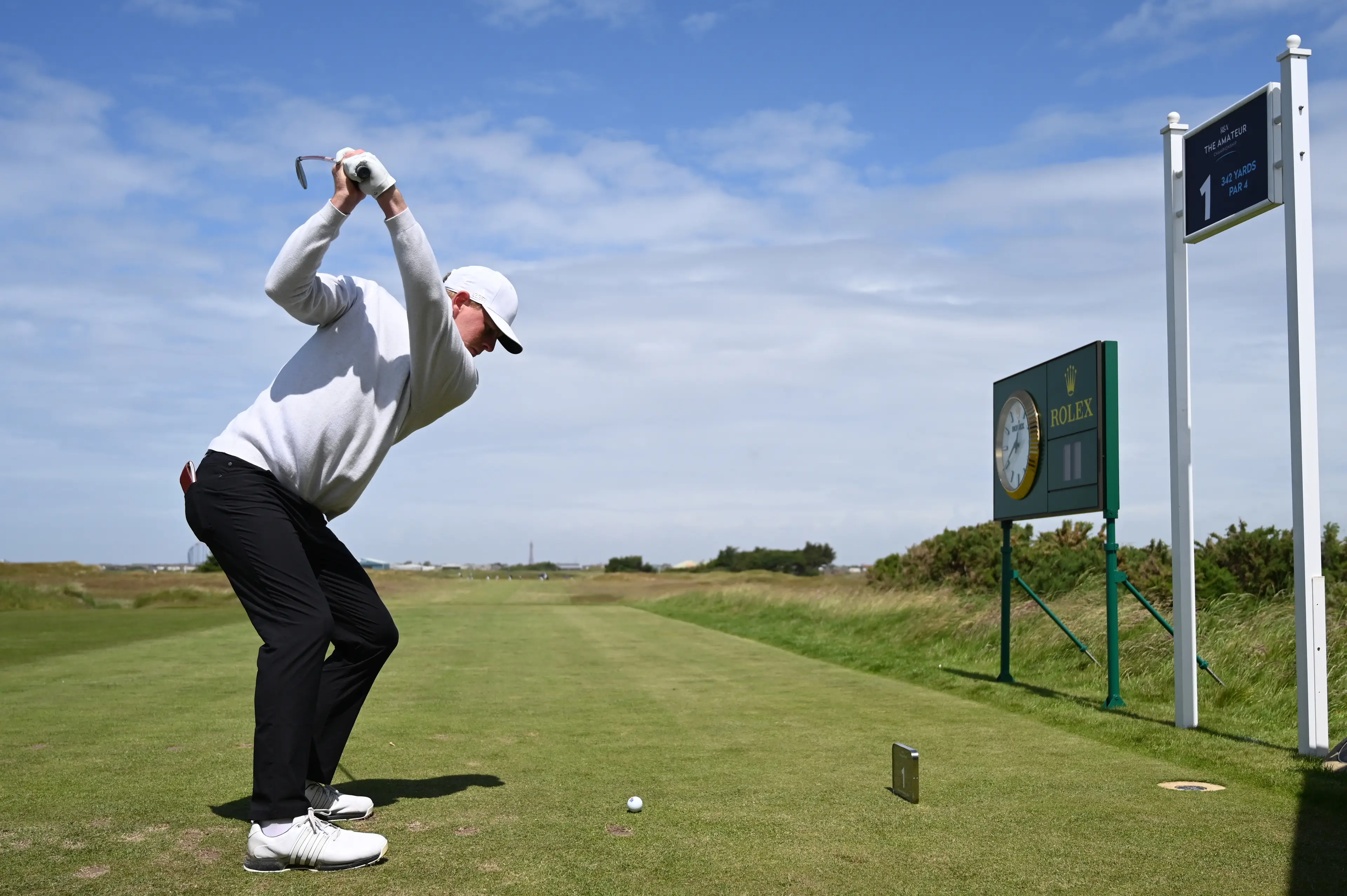 Callum Bruce of Duff House Royal tees off on the 1st hole during a practice day prior to the R&A Amateur Championship (Getty Images)